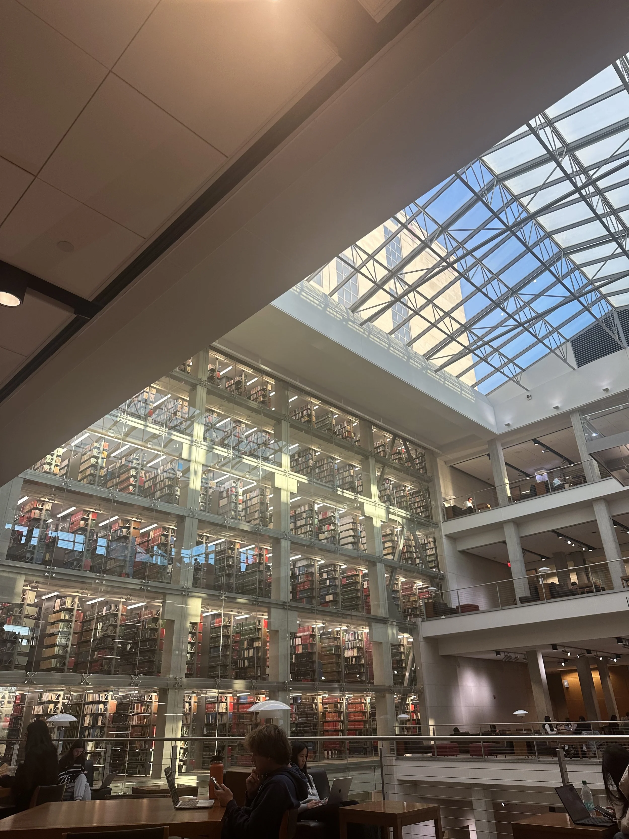 Interior of a multi-level modern library with floor-to-ceiling bookshelves, glass railings, study tables, students, and a large skylight.