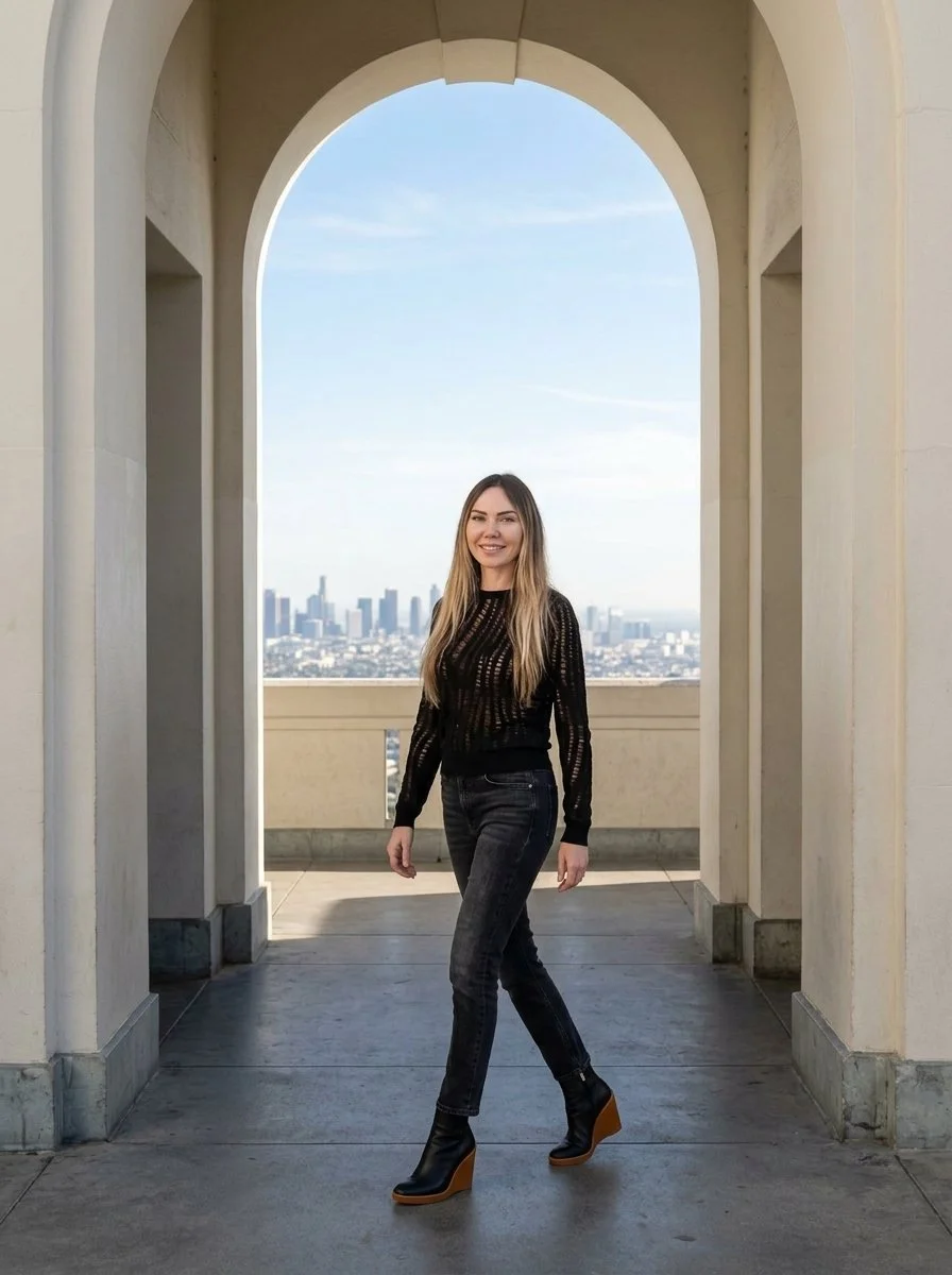 Aya Allison walking through a stone archway with a city view behind her