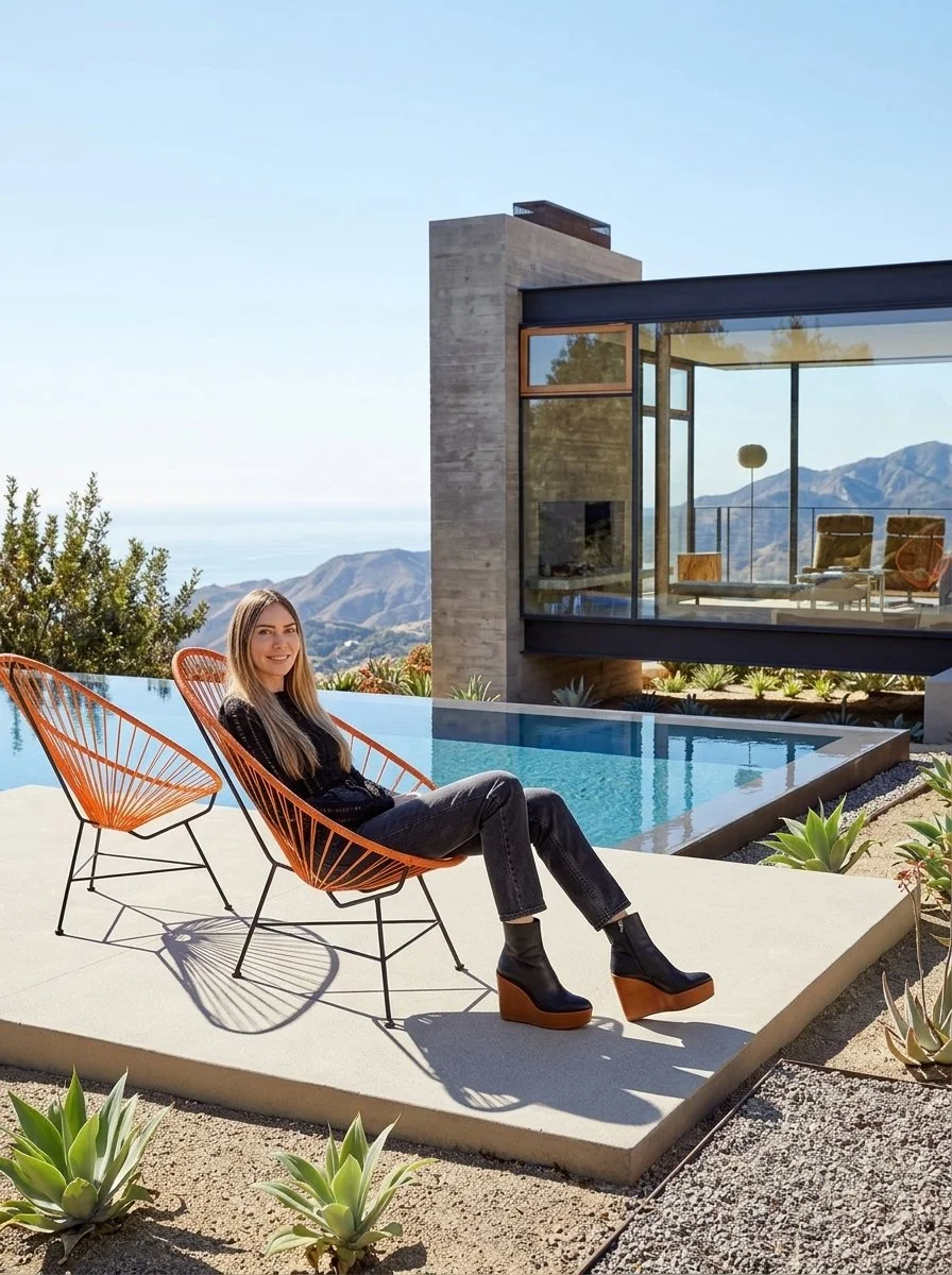 Attractive female sitting near pool at Saddle Peak House, Malibu, color photograph