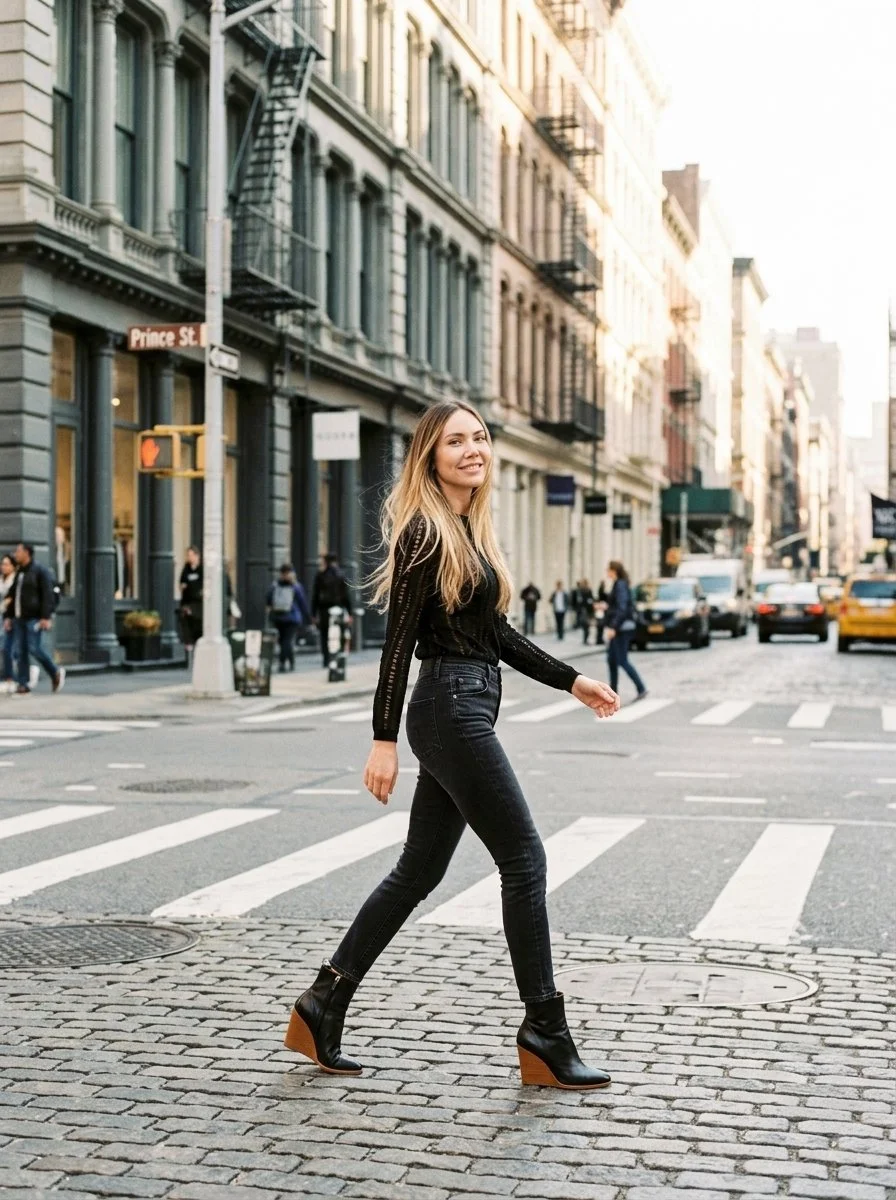 Attractive female walking across a Prince Street, Soho, New York City , color photograph.