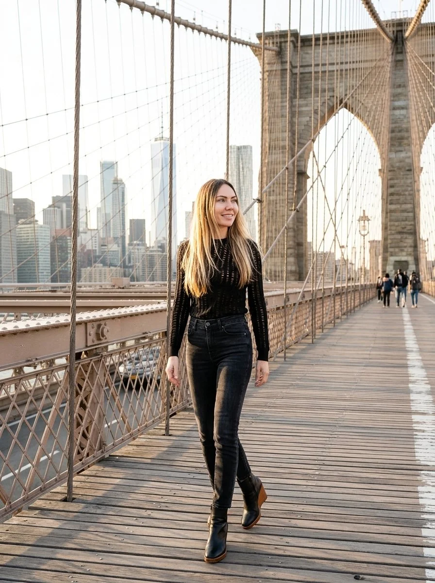 Attractive female, walking across Brooklyn Bridge, panoramic view of Manhattan in background.