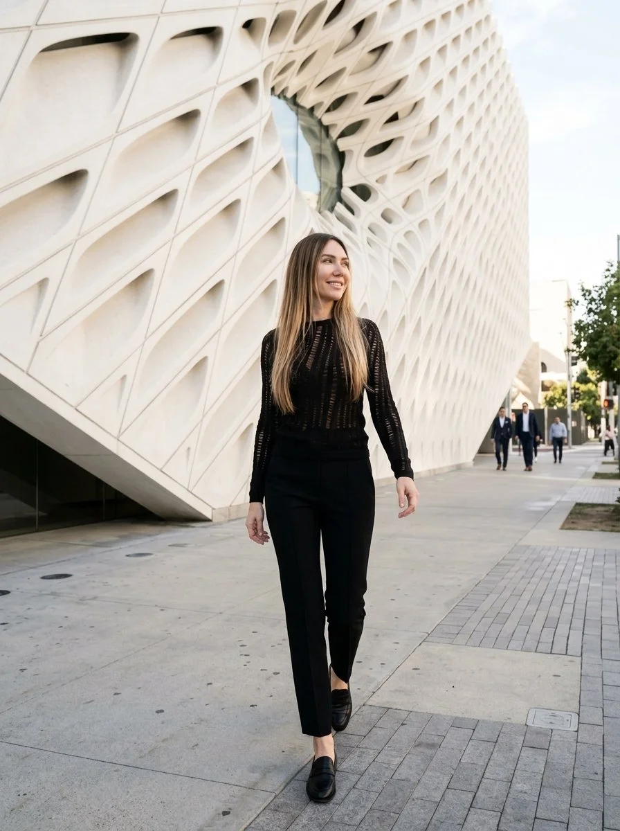 Attractive female, blondish-brown hair, full body walking shot, Broad Museum, Los Angeles