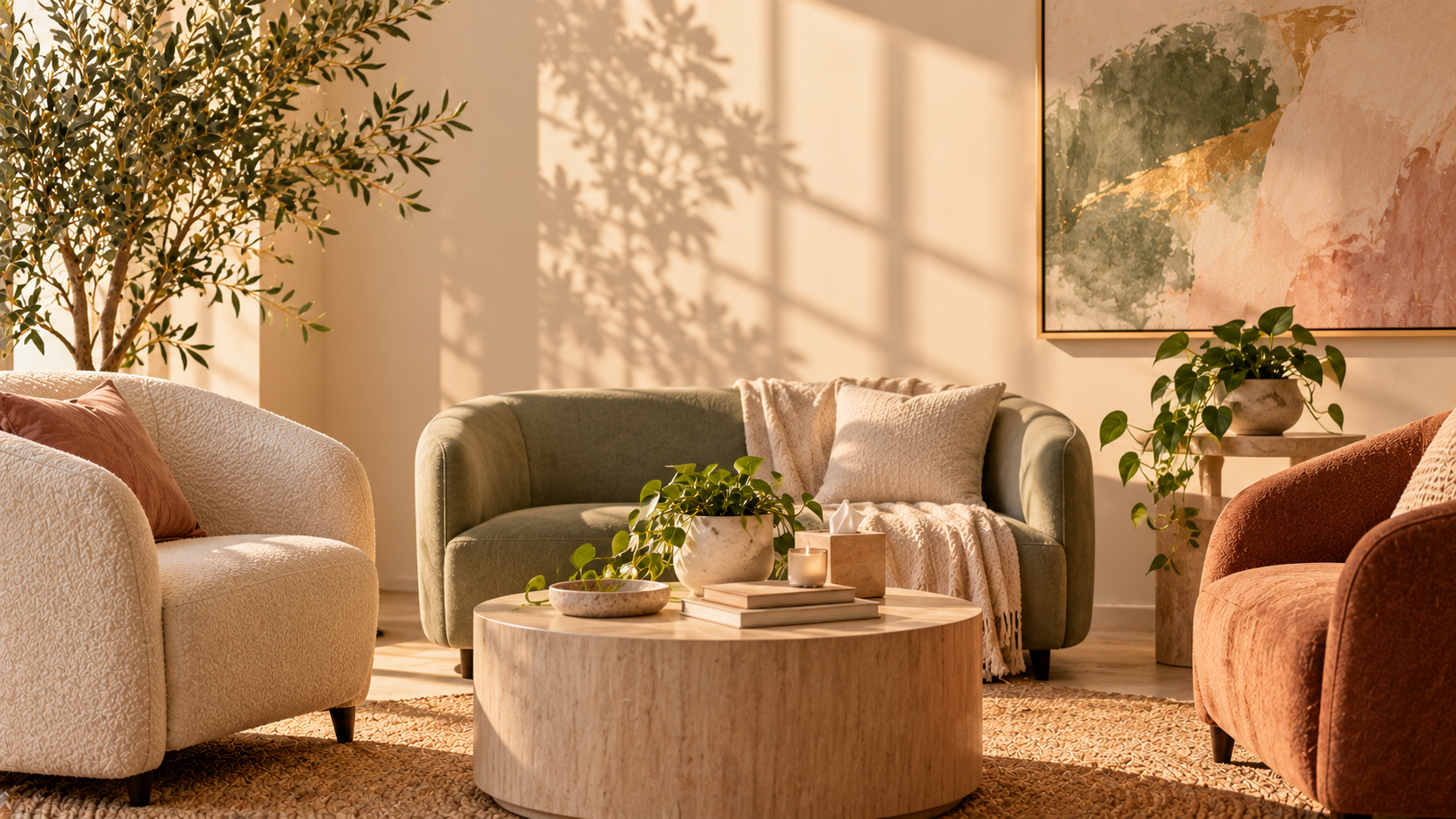 Living room with three colorful sofas in beige, green, and rust tones, a round marble coffee table with decor items and a potted plant, large window casting shadows, artwork on the wall, and green plants in pots.