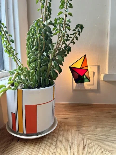 A potted green plant sitting on a wooden surface near a window, with a colorful geometric-shaped night light plugged into the wall behind it.