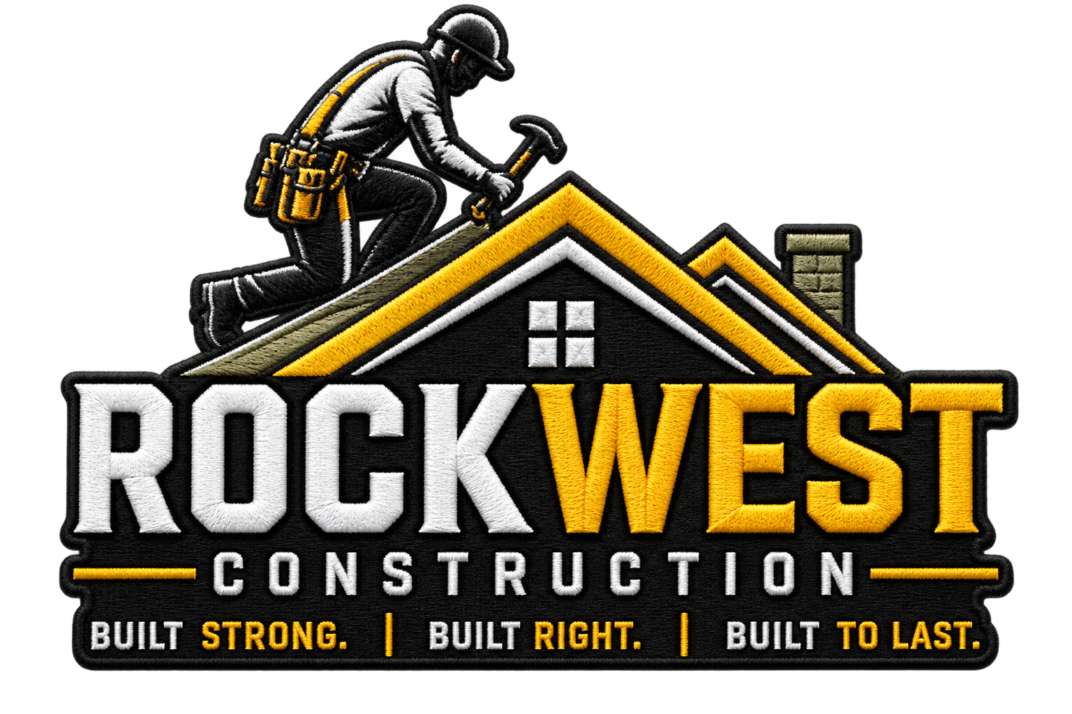 Embroidery patch for Rock West Construction featuring a worker kneeling on a roof with a hammer, and the company name with slogan.