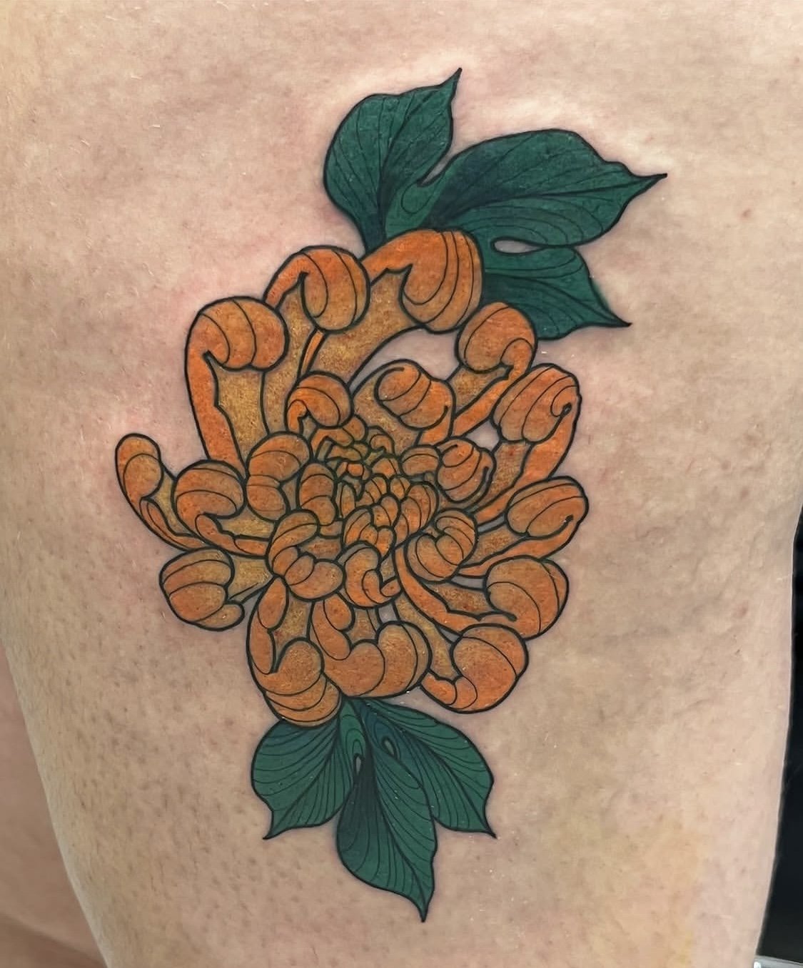 Japanese style orange peony flower tattoo by Gonzalo Chavez⁠