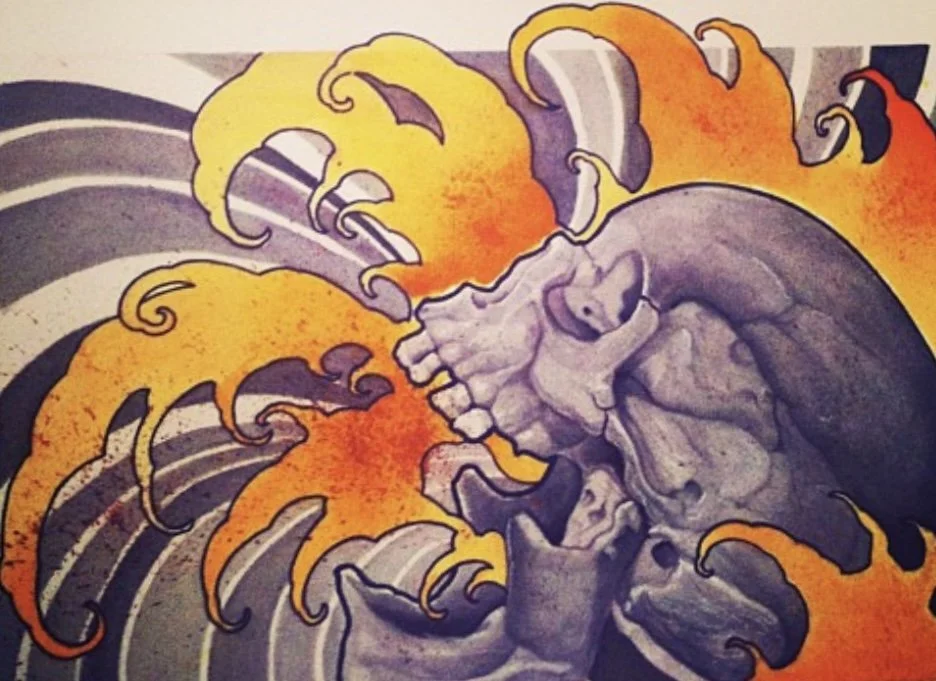 A skull surrounded by stylized orange and yellow flames, with black and gray wave-like patterns in the background.
