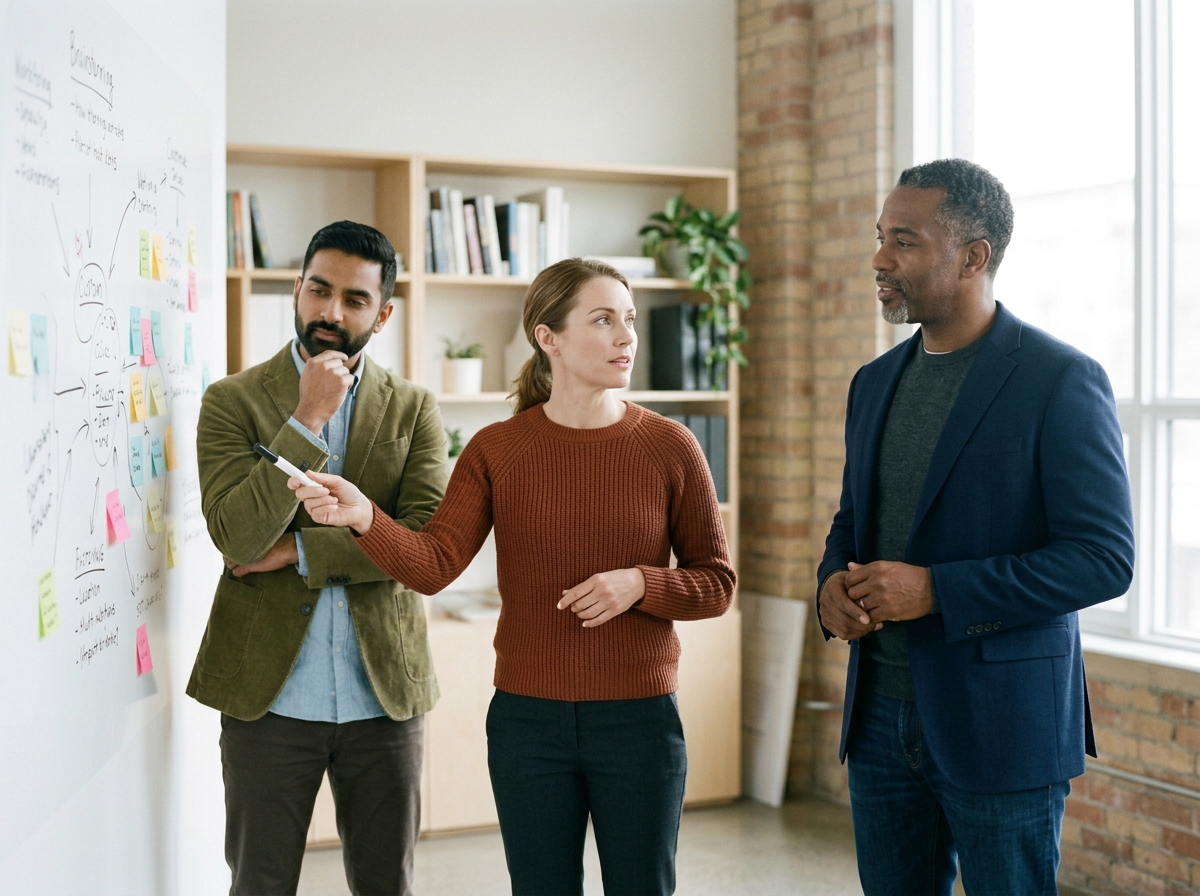 Three diverse professionals in business casual attire having a discussion in a modern office with a whiteboard, bookshelves, and large windows.