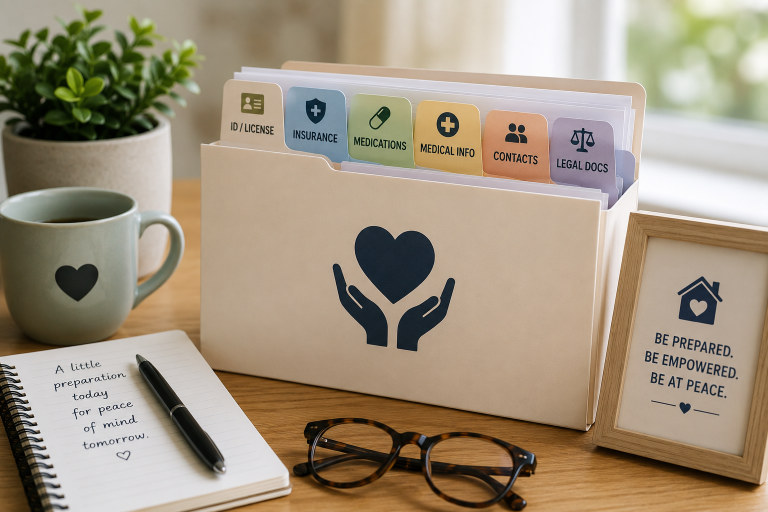 An organization file folder with colored tabs labeled ID/License, Insurance, Medications, Medical Info, Contacts, Legal Docs on a wooden desk. Items include a mug with a heart, glasses, a notebook with a handwritten note, a pen, a framed sign with inspirational words, and a potted plant.