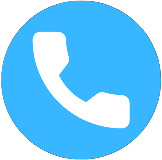 Icon of a telephone handset in white on a blue circular background.