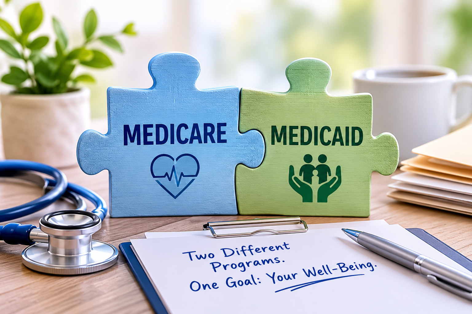 Two puzzle pieces labeled 'Medicare' and 'Medicaid' on a desk, with medical equipment and paperwork, illustrating health insurance programs.