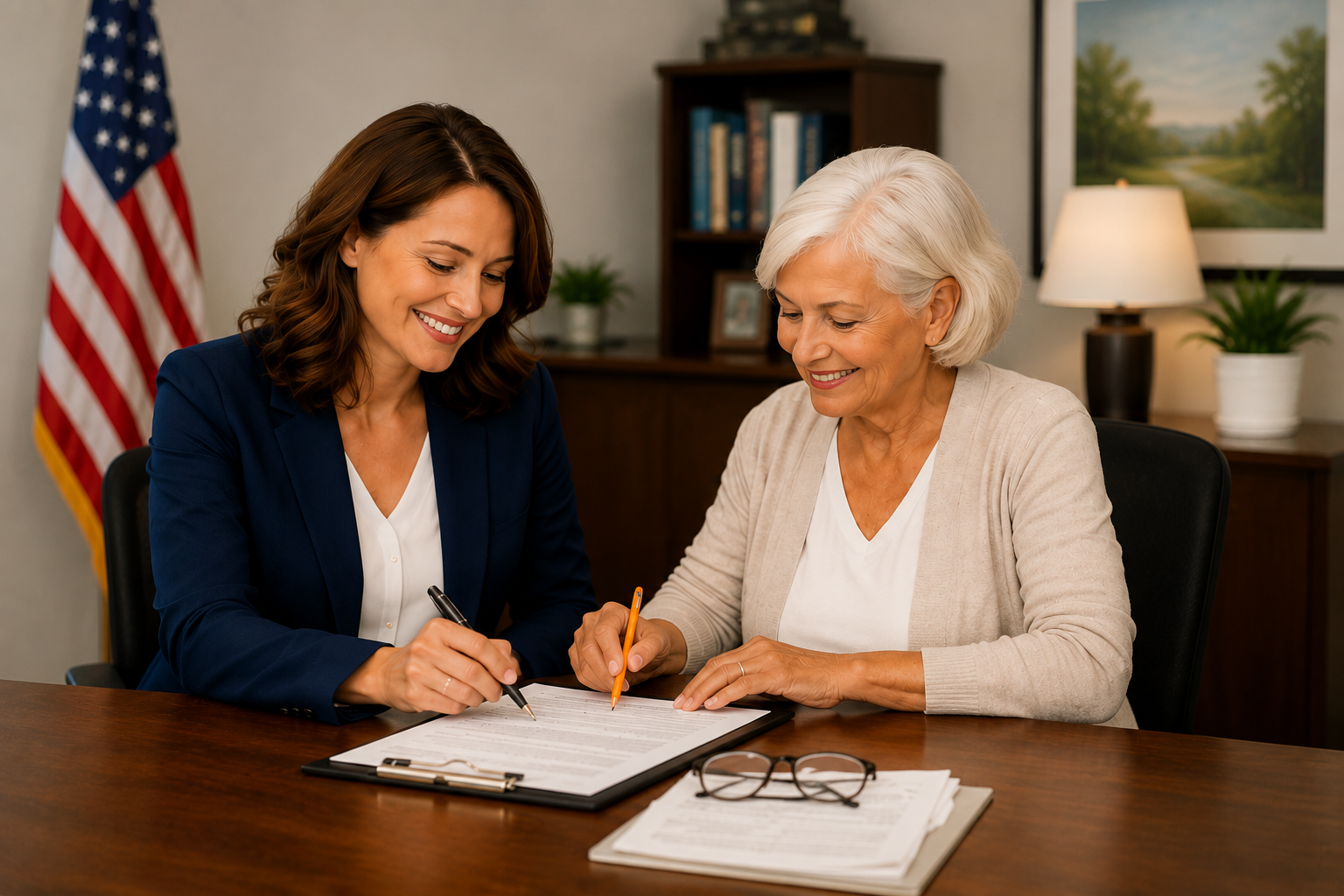 Two women sitting at a desk, signing documents, with glasses on the table, an American flag in the background, and a framed landscape painting on the wall.