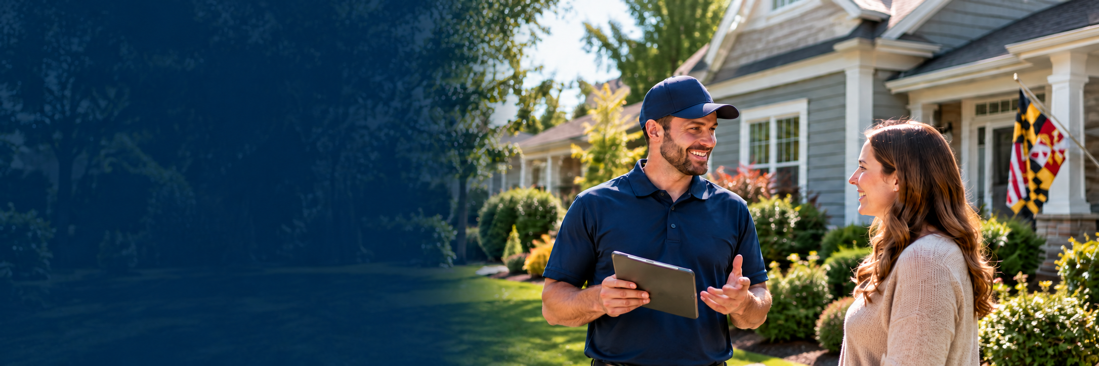 A man in a baseball cap and blue shirt talking to a smiling woman in a beige sweater outside a house with a Maryland flag, surrounded by greenery and flowers.