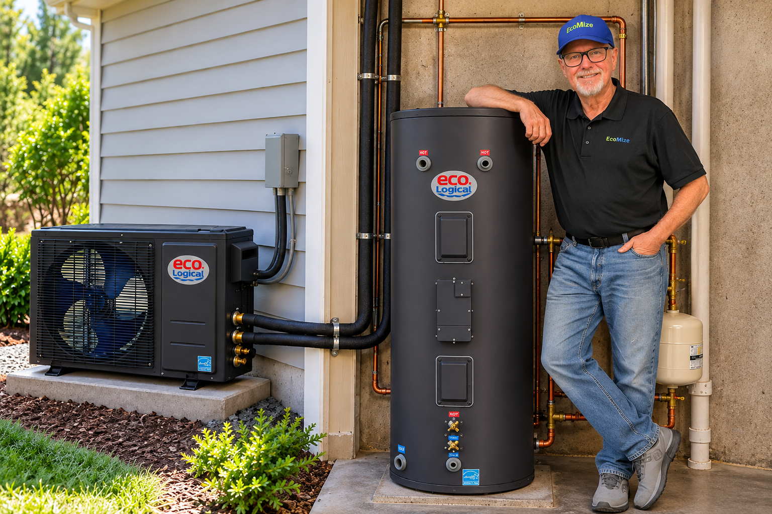 A man in a black shirt, blue jeans, gray sneakers, and a blue cap leaning against an outdoor hot water heater and a heat pump unit, with a house exterior and greenery in the background.