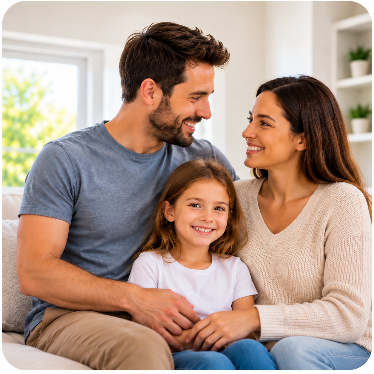 A happy family of three sitting on a couch indoors, smiling and looking at each other with a window and potted plants in the background.