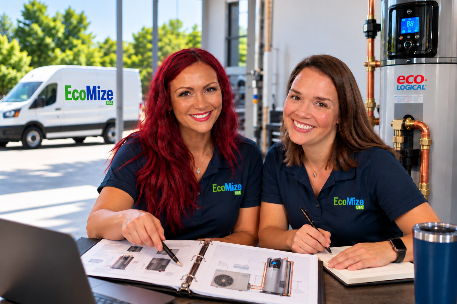 Two women wearing Navy blue shirts with 'EcoMize USA' logos sit at a table with technical documents, smiling at the camera, with a background of an industrial setting with green trees and a white van labeled 'EcoMize USA'.