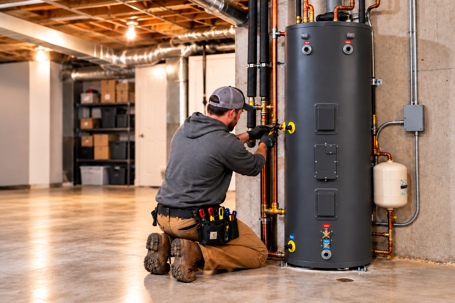 A technician kneeling on a concrete floor working on a water heater in a basement with exposed ductwork and storage shelves.