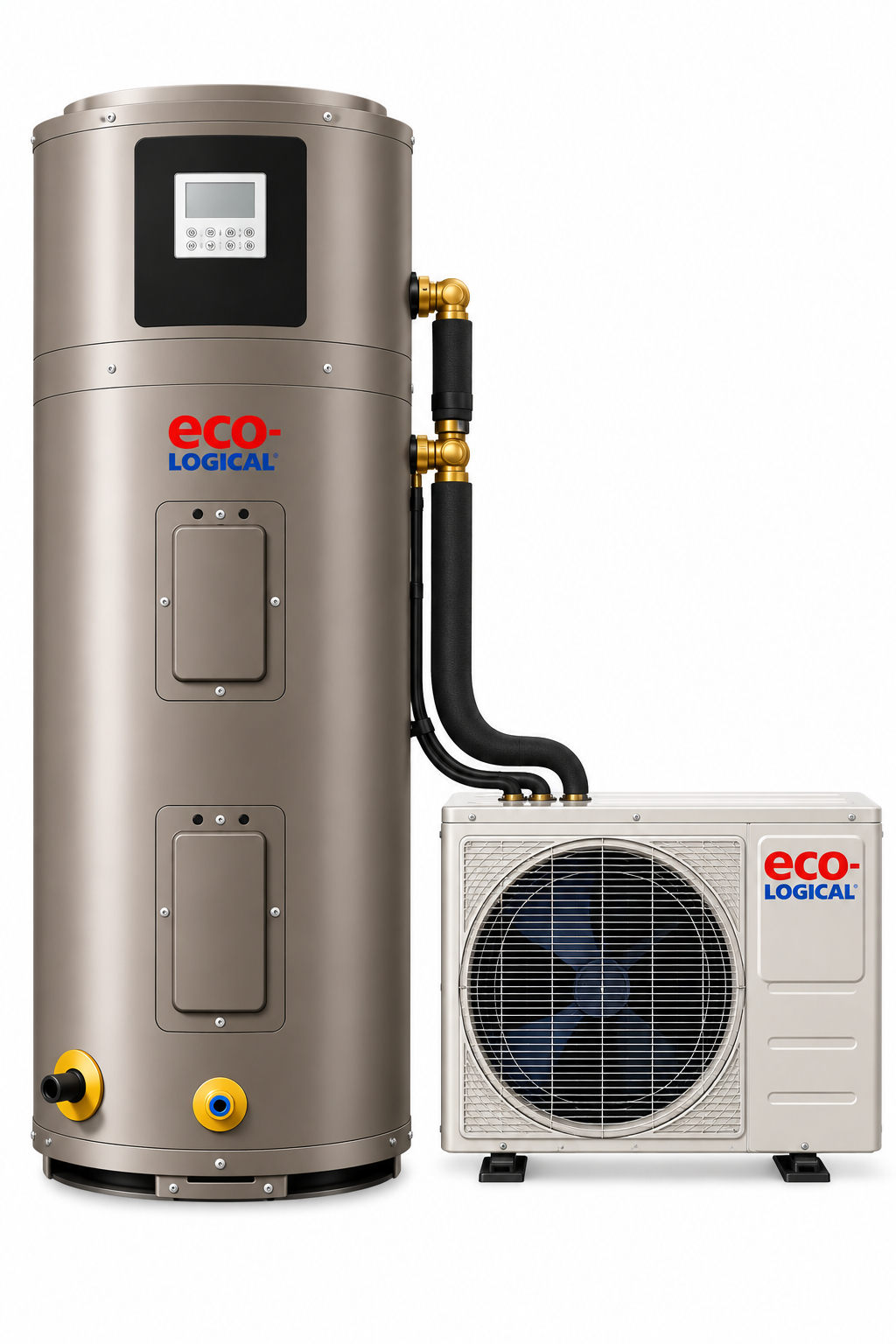 An industrial electrothermal water heater with the brand 'ecoLOGICAL' on the tank and compressor.