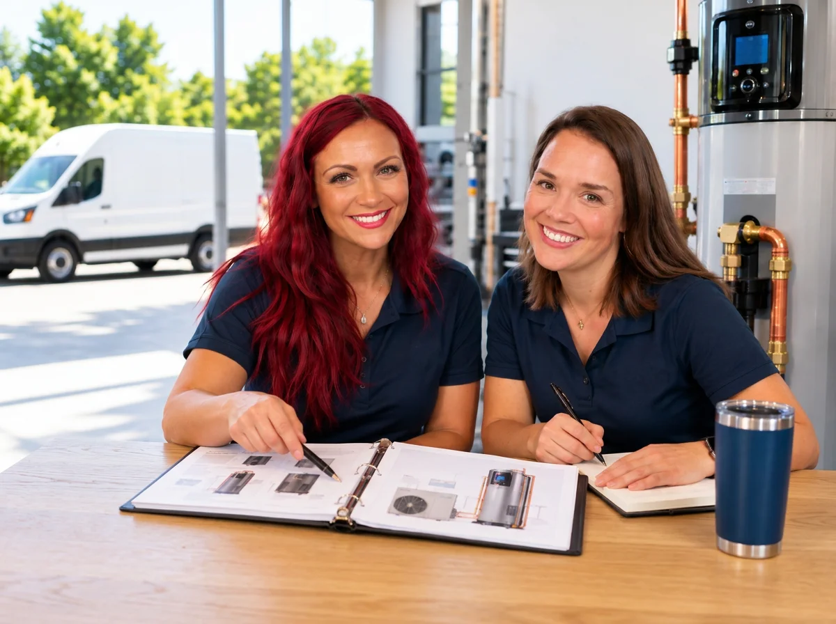 Two women sitting at a table with technical diagrams, smiling, with a van and trees visible outside.
