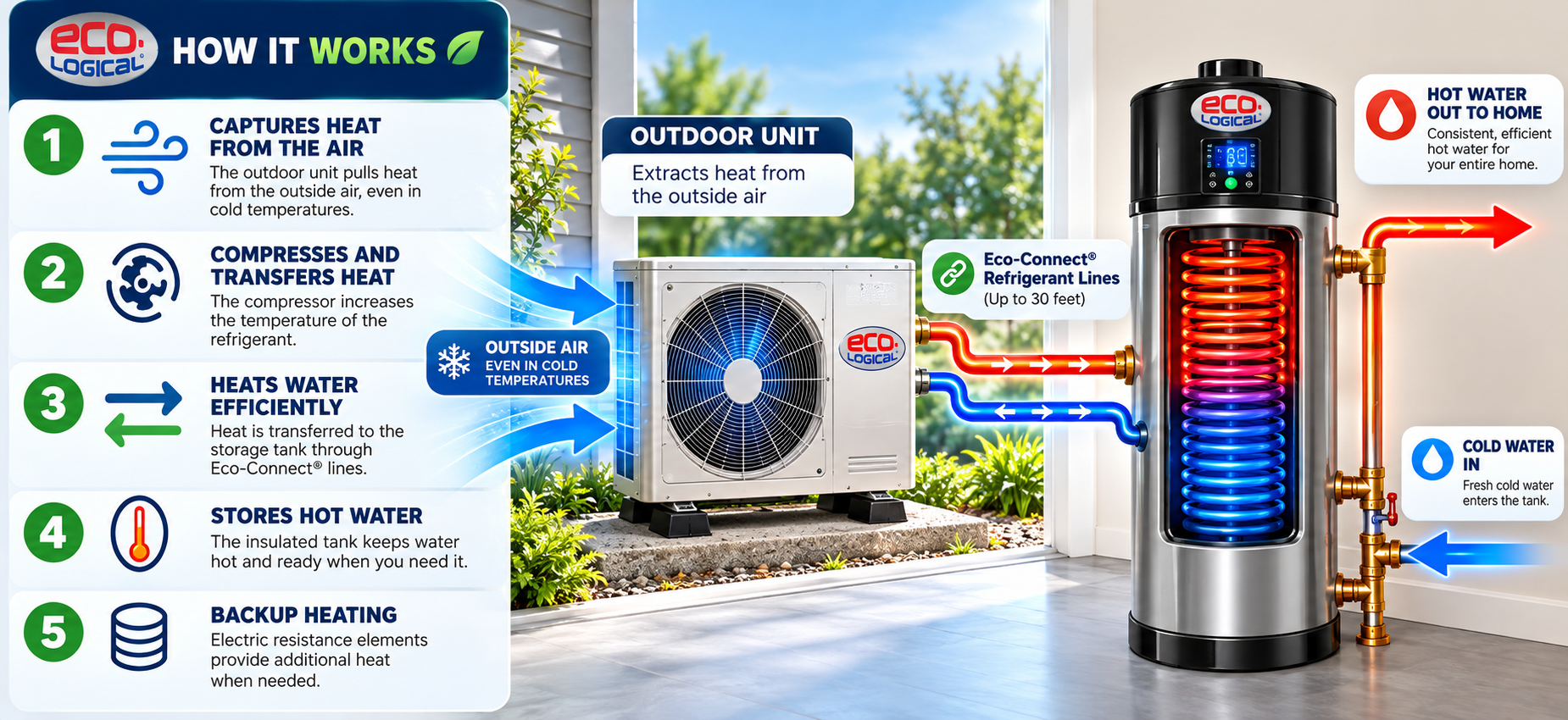 Infographic illustrating how an eco-friendly water heater works. The image shows outdoor unit pulling heat from outside air, cooling refrigerant lines, transferring heat to a water tank, storing hot water, and providing hot water to a home with visuals of refrigerant lines and water flow.