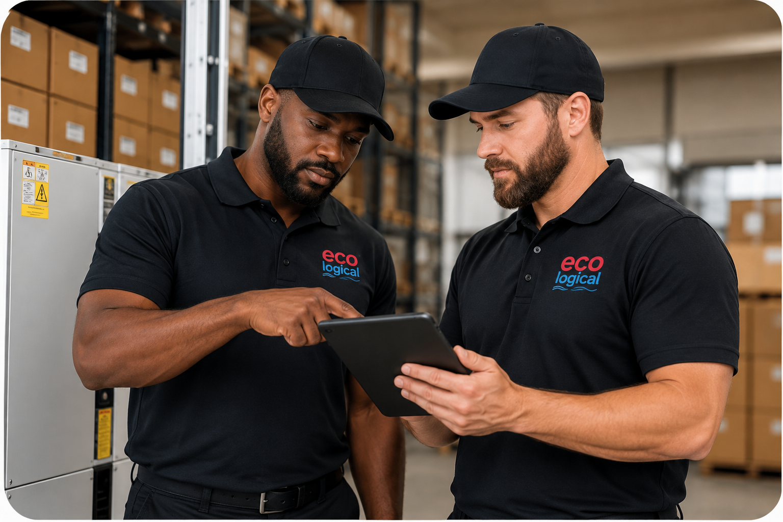 Two male workers in black uniforms and caps standing in warehouse, looking at tablet, with shelves of boxes in background.