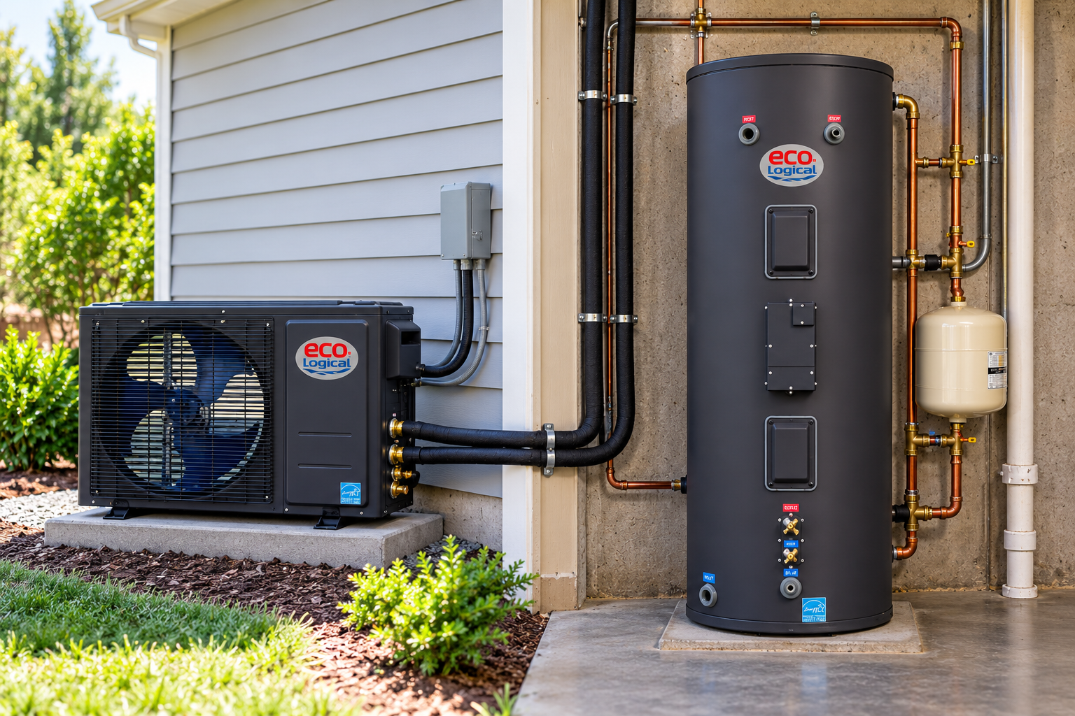 Outdoor HVAC system including a heat pump unit on a concrete pad and a large water heater tank with pipes and valves beside a house with light gray siding.
