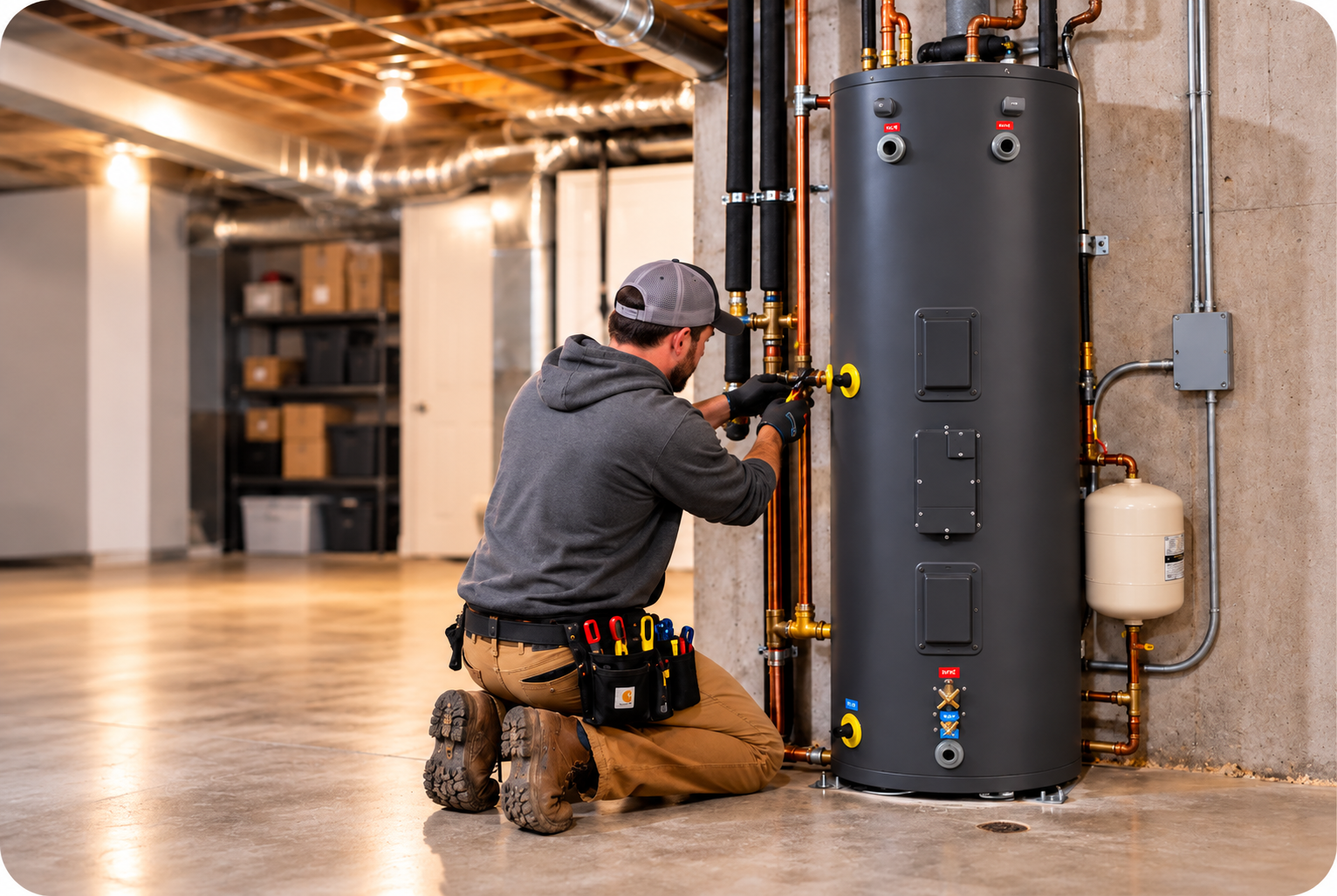 A man wearing a grey hoodie, khaki pants, and a baseball cap kneels on the floor working on a water heater tank with tools in a basement or utility room.