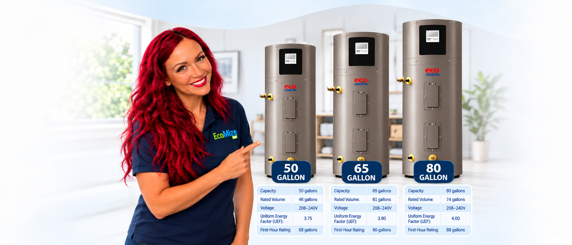 A woman with red hair and a navy blue shirt smiling and pointing at three water heaters with capacities of 50, 65, and 80 gallons, located in a bright room with a large window and houseplants.