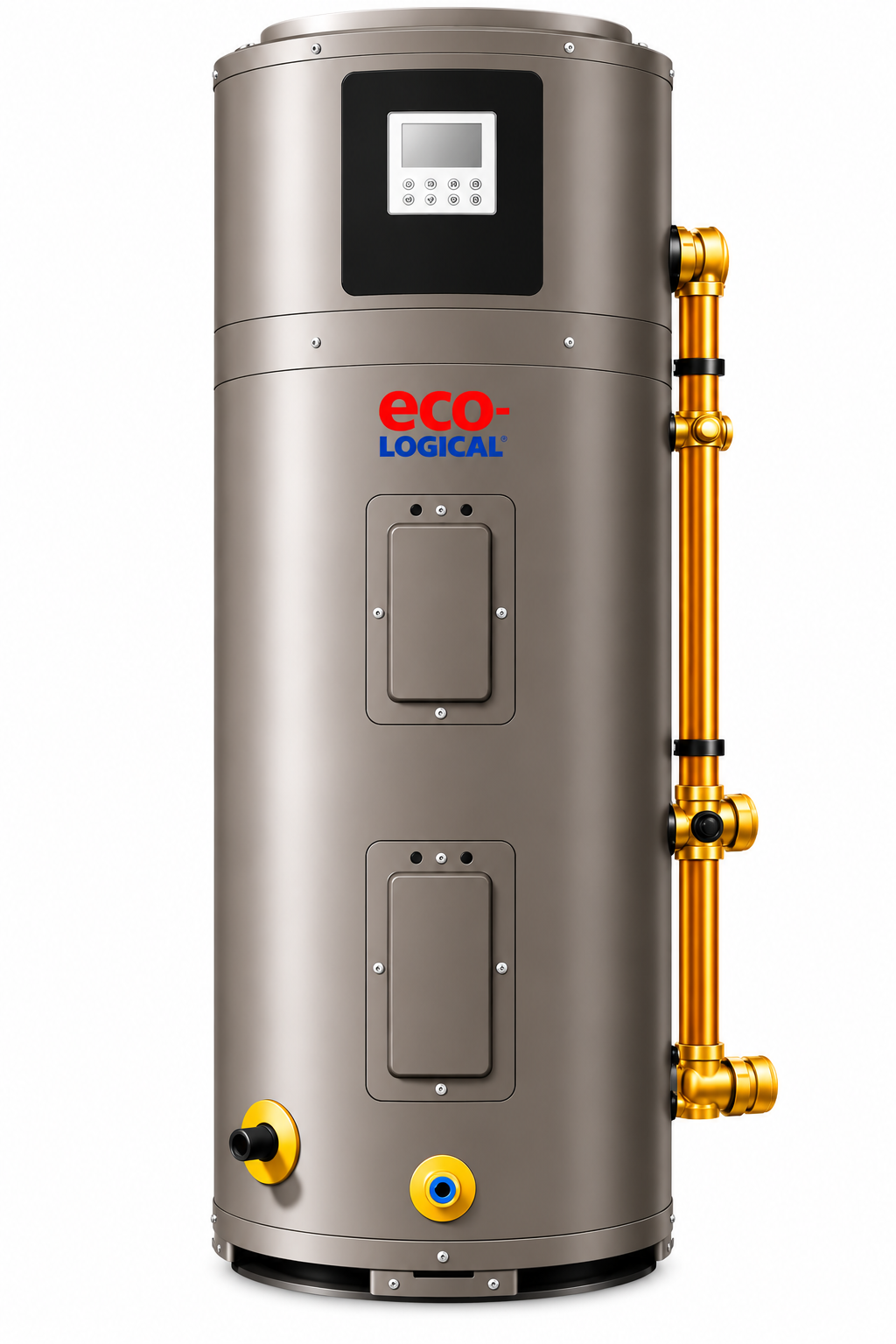 A tall, cylindrical ecological water heater with a digital control panel at the top, branded 'eco-LOGICAL', with gold-colored pipes on the right side, and two access panels at the middle and bottom.