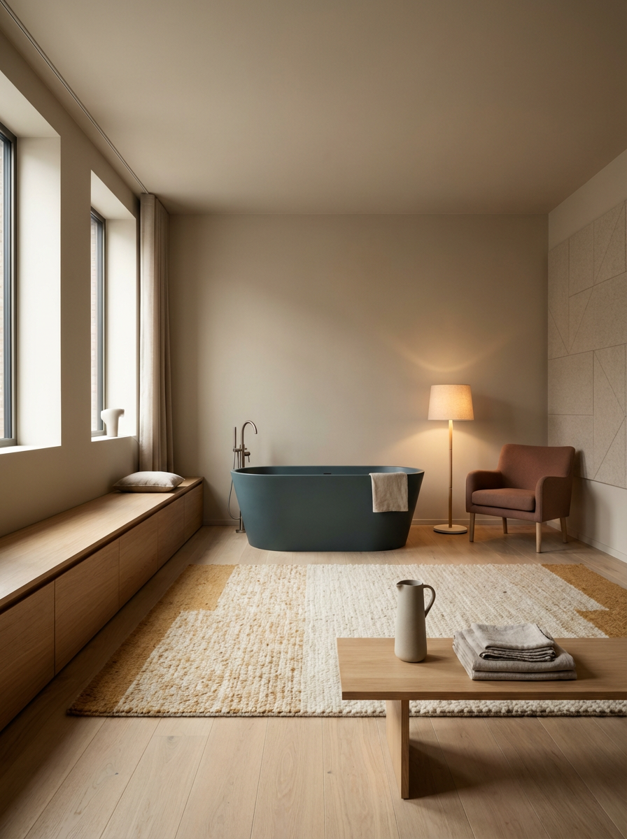Modern bathroom with a blue bathtub, a beige armchair, a floor lamp, a wooden bench with a pillow, and a small wooden table with towels and a pitcher, illuminated by natural light from large windows.