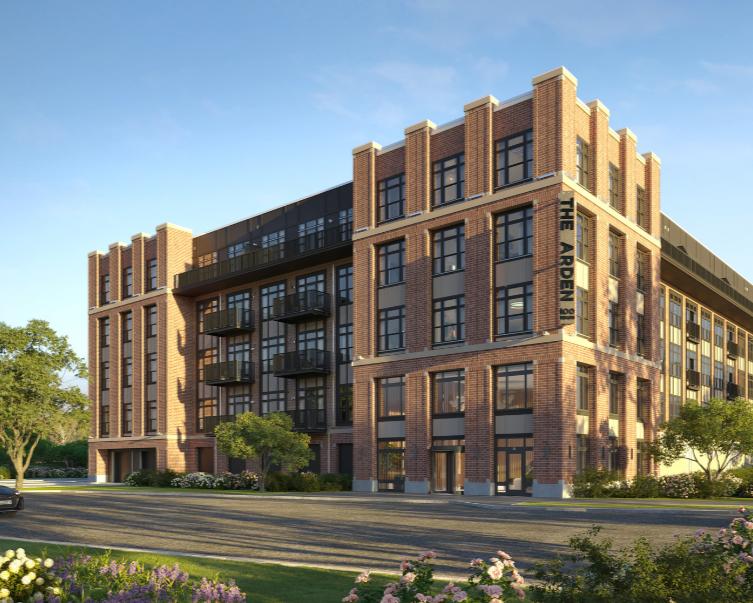 Render of a modern multi-story brick apartment building with balconies and large windows, labeled 'The Arden,' surrounded by landscaping and trees.