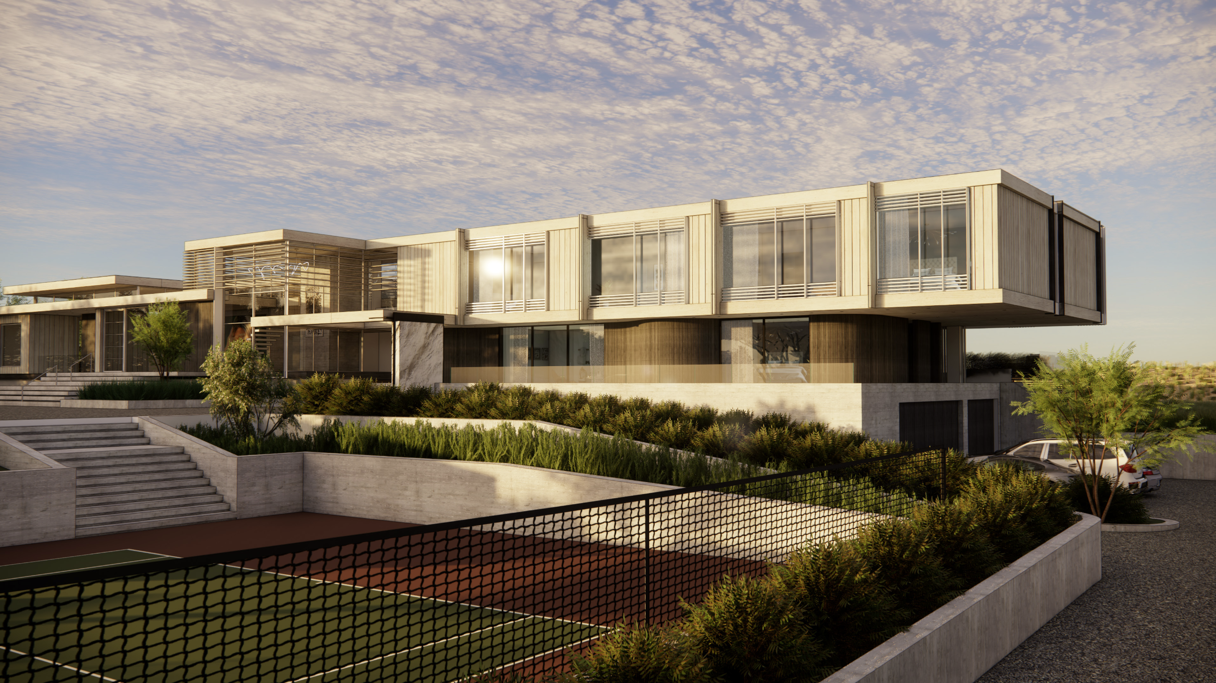 Modern multi-story house with large windows, greenery, and a basketball court in front, under a partly cloudy sky.
