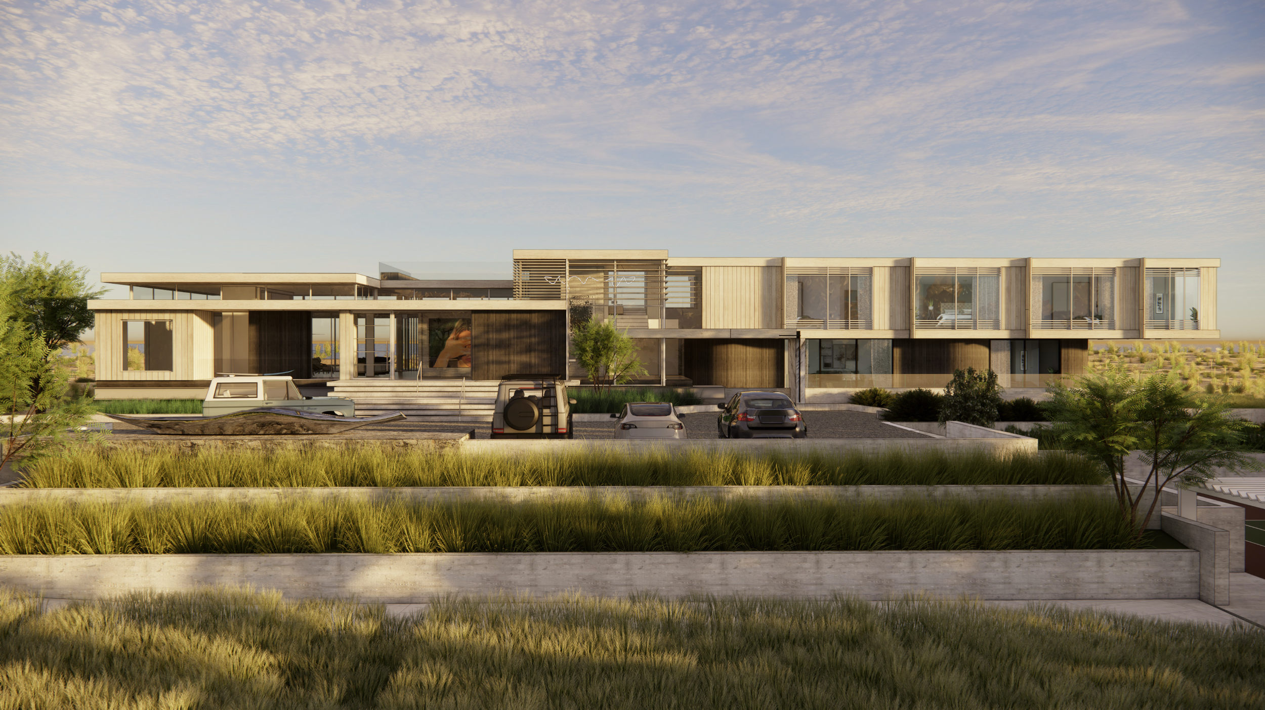 A modern, two-story house with extensive glass windows and wooden exterior, situated in a landscaped outdoor area with cars parked in front and a clear sky overhead.