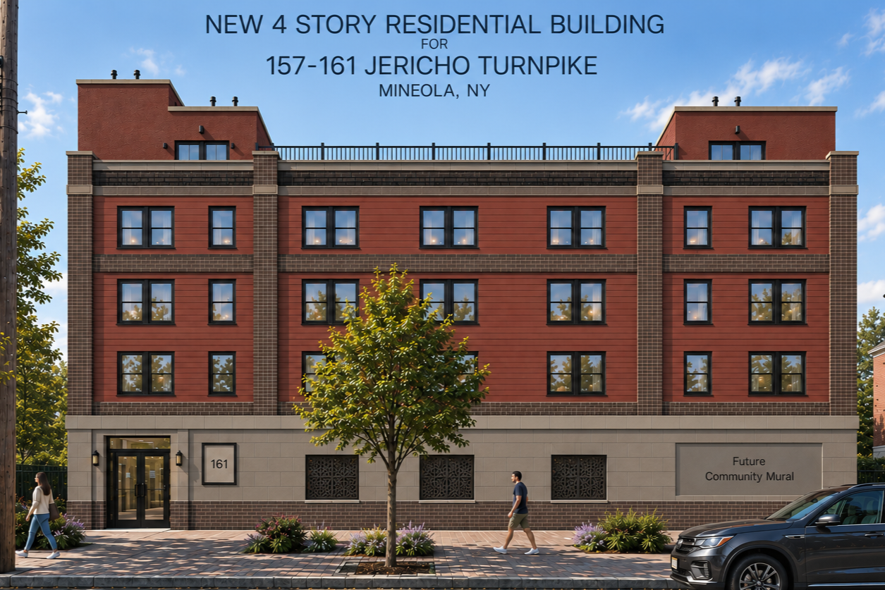 Rendering of a new four-story residential building at 157-161 Jericho Turnpike, Mineola, NY, with a sign indicating it will have a future community mural, and people walking by on the sidewalk.