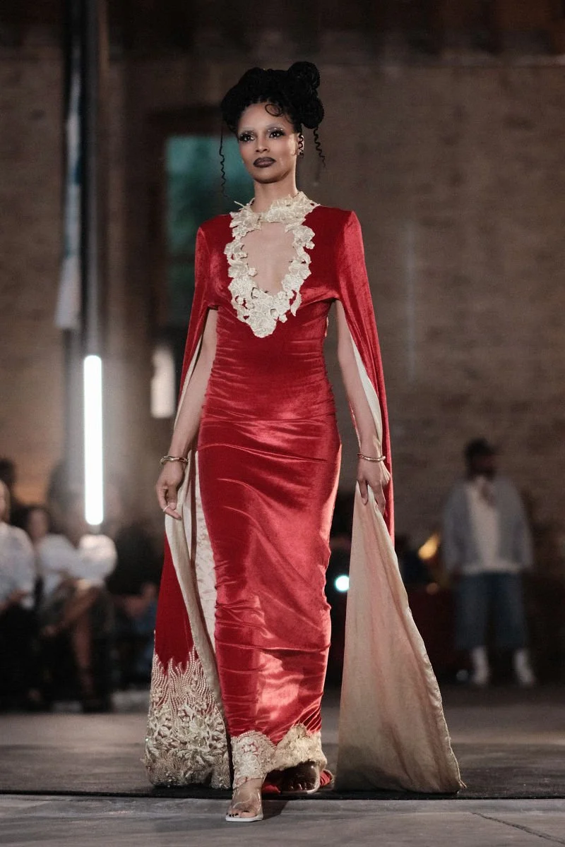 Elegance Red Velvet Gown with Gold Appliqué
