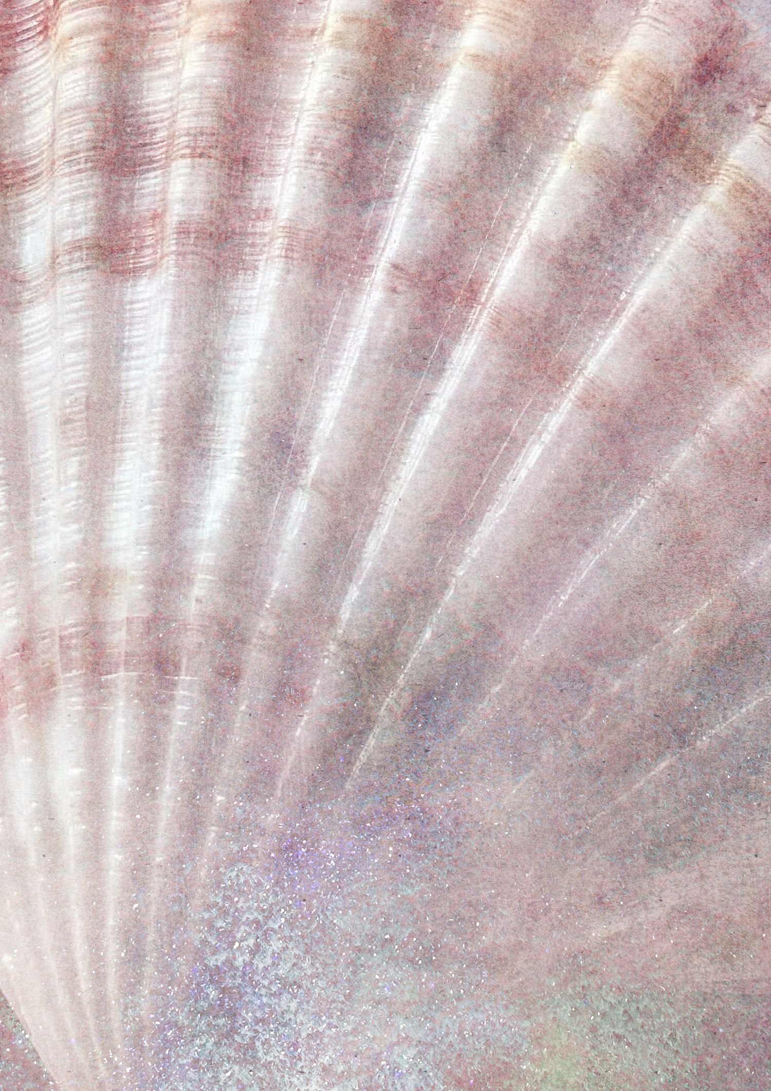 Close-up of a delicate, shimmering pink and peach iridescent surface with fine lines and glittering sparkles.