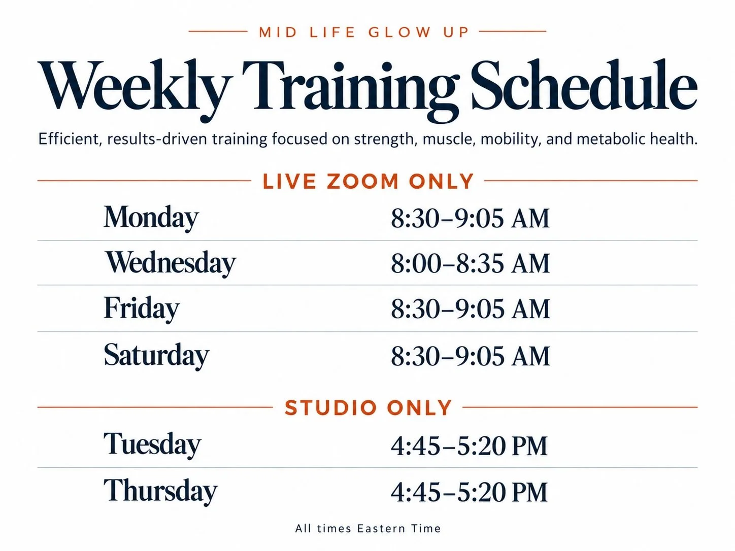 Weekly training schedule with times for live Zoom classes Monday through Saturday and studio classes Tuesday and Thursday, all in Eastern Time.