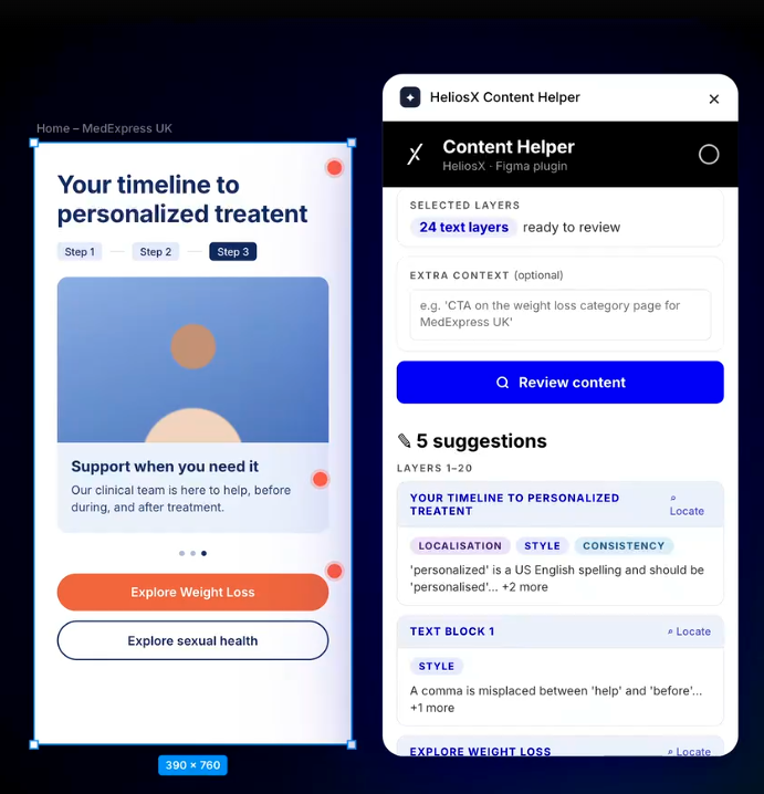 The HeliosX Content Helper Figma plugin, shown alongside a screen design. It illustrates how copy can get generated with the tool - with text getting suggestions based on localisation, style and consistency.