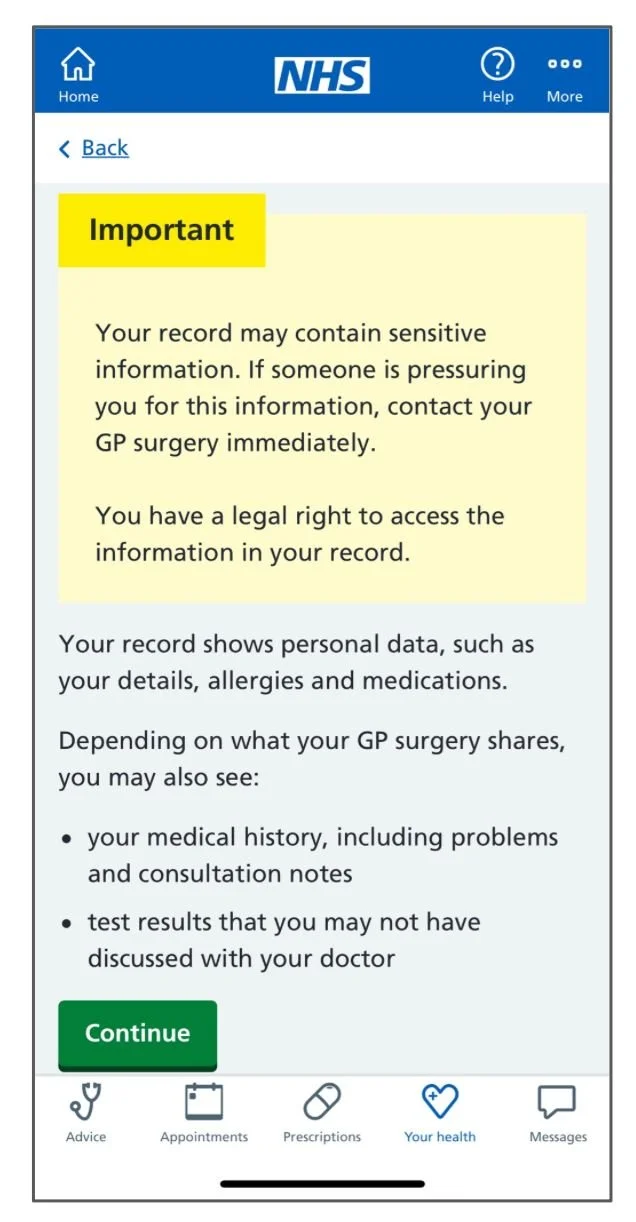 Screenshot of an iteration to the health record in October 2019 - with lots of information competing in an unclear hierarchy