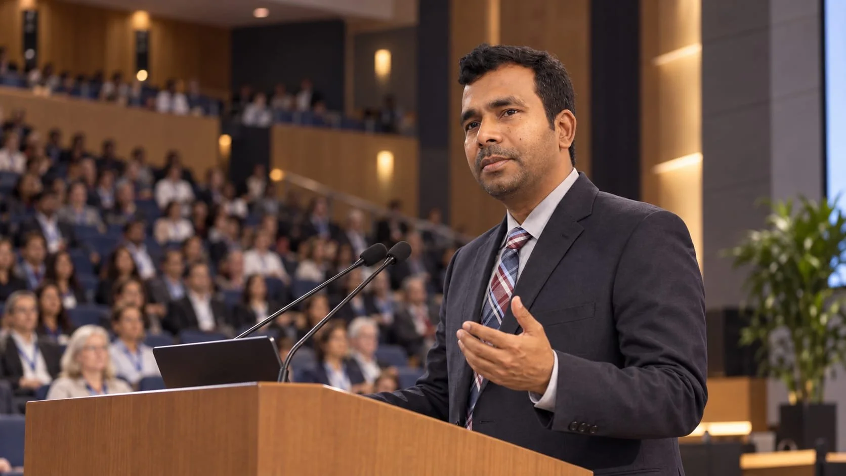 A man in a suit giving a speech at a podium with a large audience in the background.