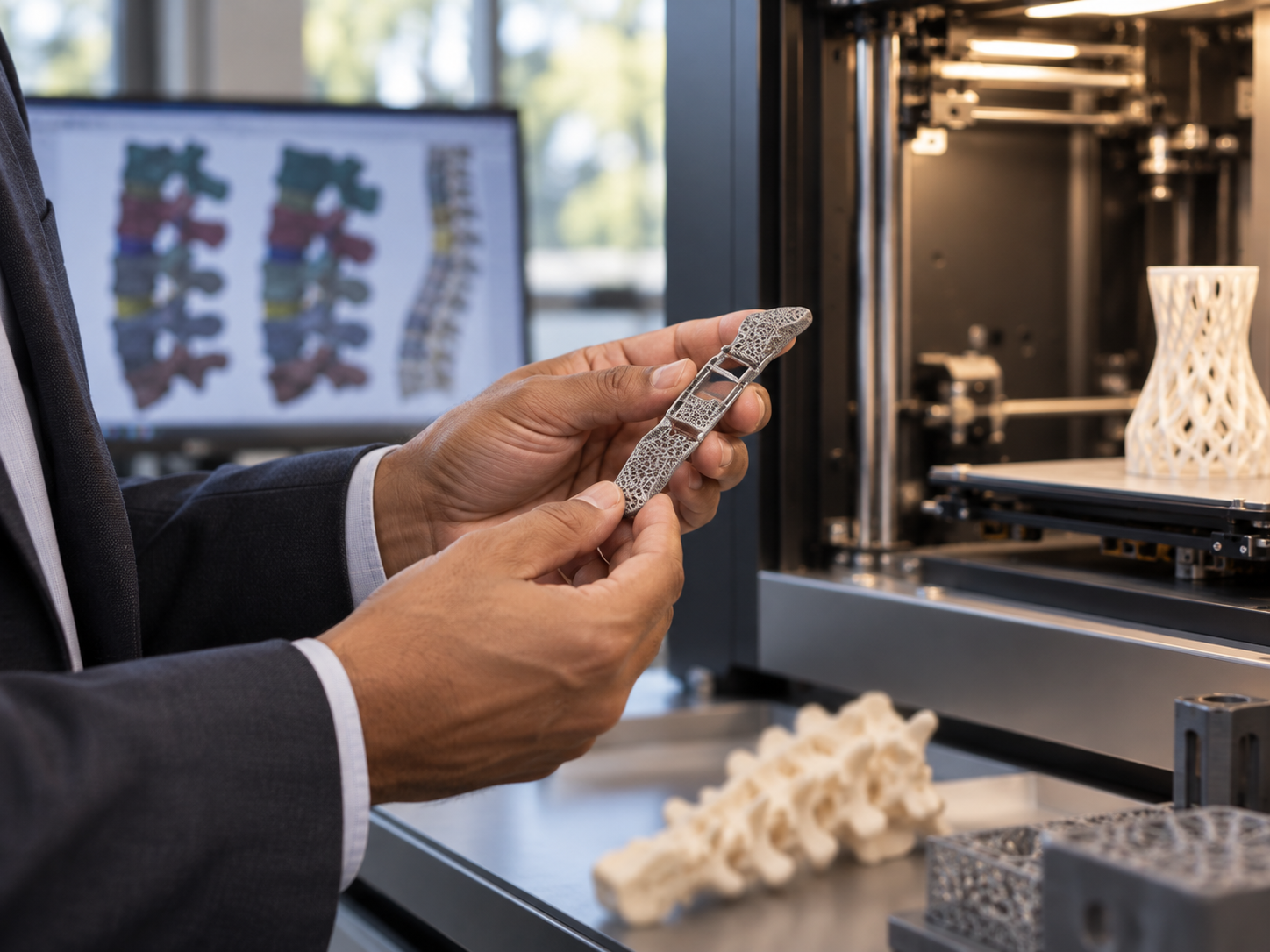 A person in a suit examining a 3D-printed medical implant in a laboratory setting, with a 3D printer and a computer displaying a model of the spine in the background.