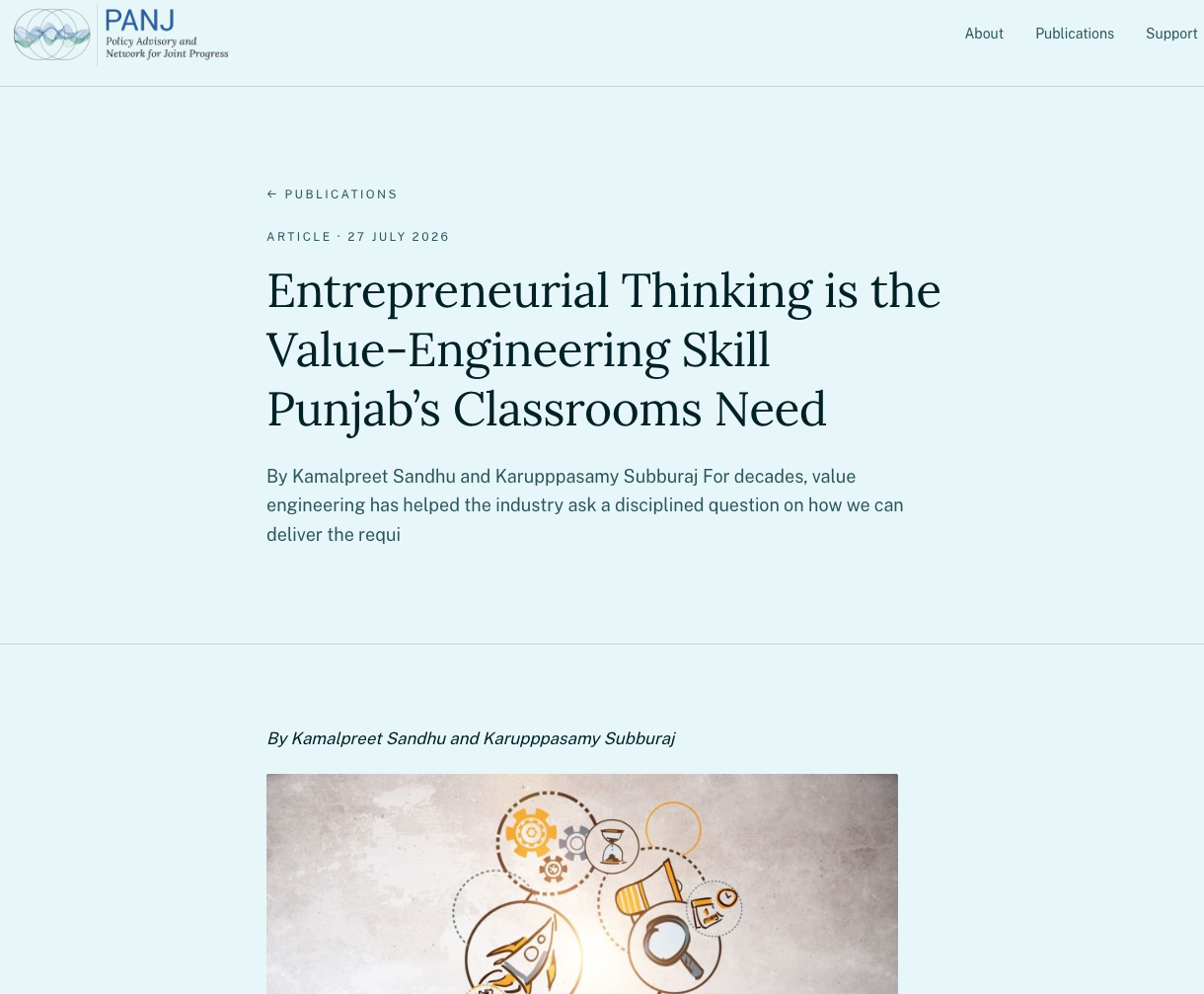 Screenshot of a webpage titled 'Entrepreneurial Thinking is the Value-Engineering Skill Punjab's Classrooms Need,' featuring publication details and an illustration of gears, a magnifying glass, a brain, and a rocket.