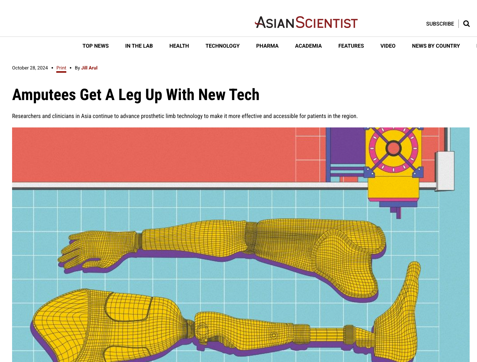 Illustration of a prosthetic limb design with a wireframe and mechanical components, related to advanced prosthetic technology.