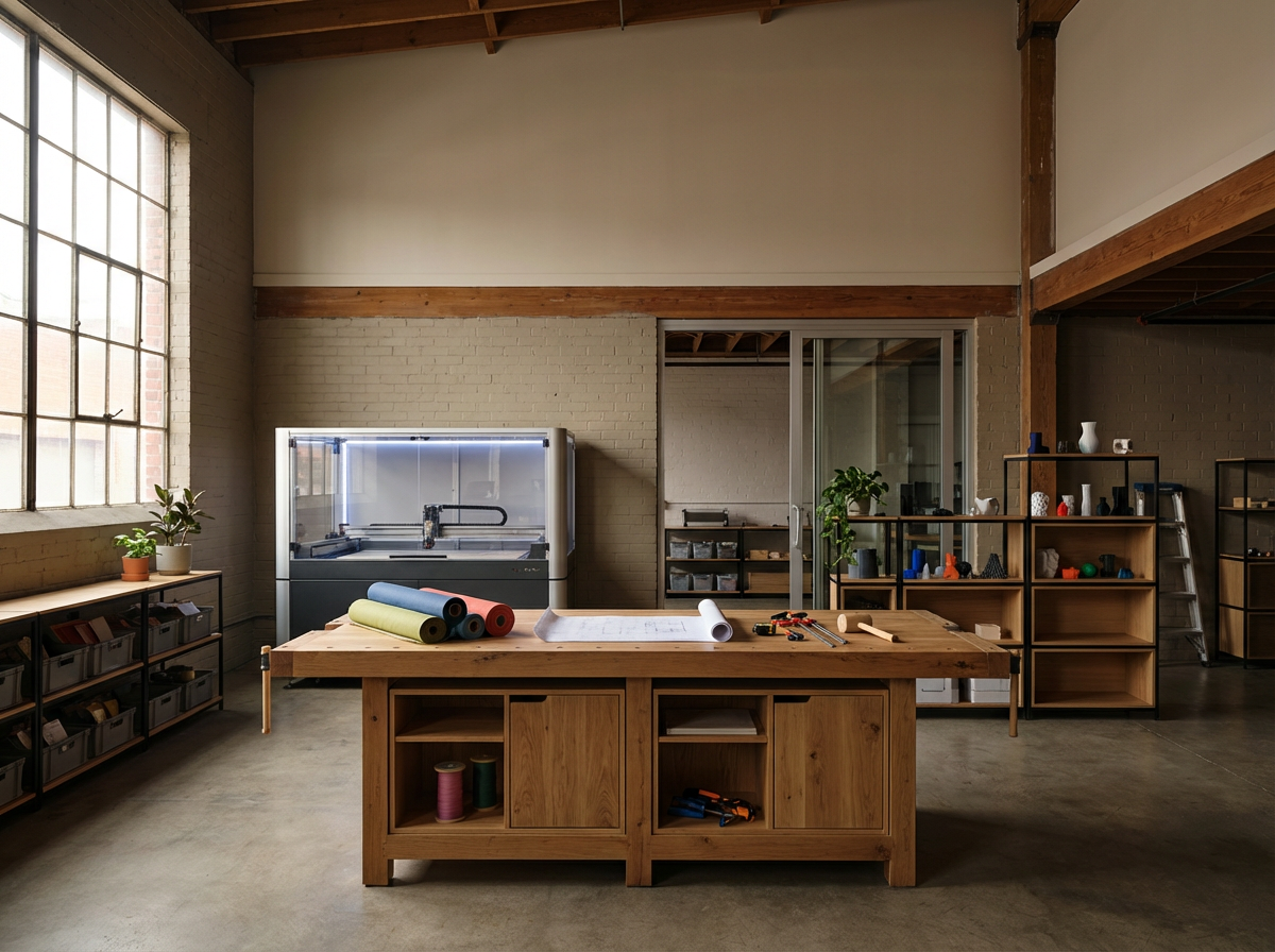 An interior workspace with a large wooden table, green, pink, and black foam rollers on top, blueprint, tools, and a caliper. Shelves with storage bins, potted plants, and a large window with grid pattern on the left. An illuminated equipment box and a glass door lead to another room.