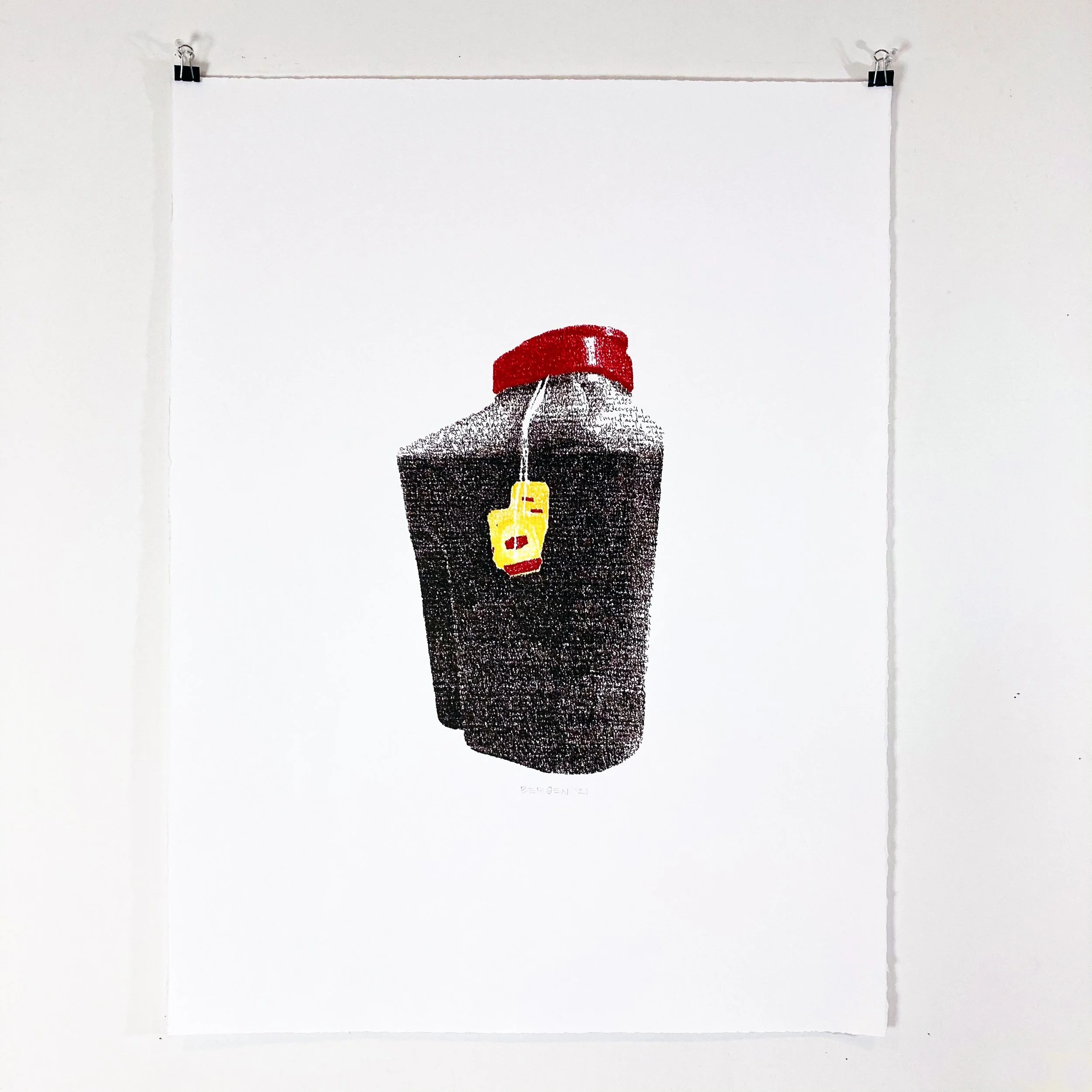 Artwork of a Coca-Cola bottle with a red cap, depicted with a pixelated style and fountain pen ink-like lines and text.