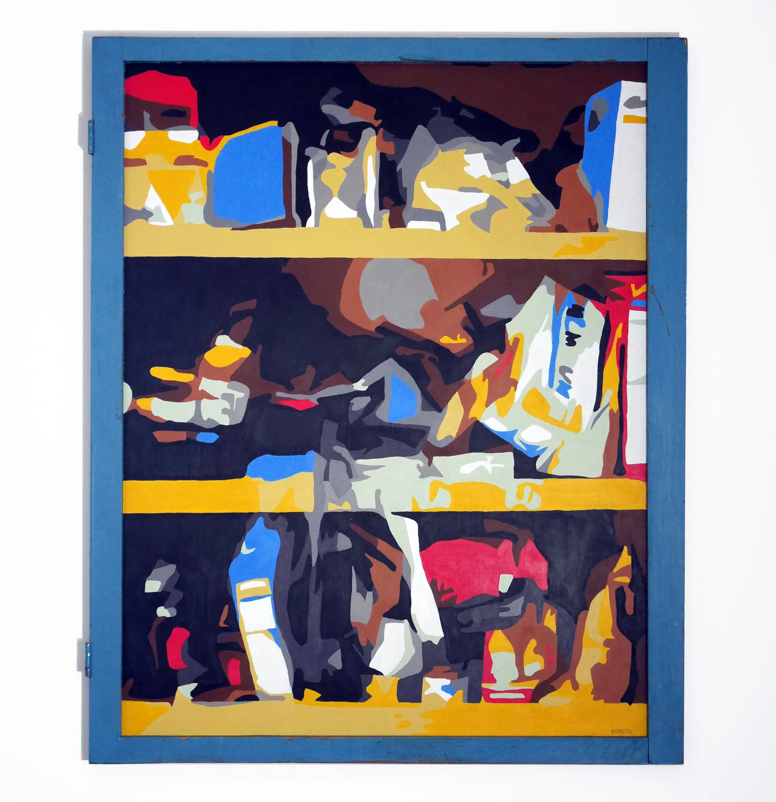 Colorful abstract painting featuring various shapes and lines, framed in a blue border.