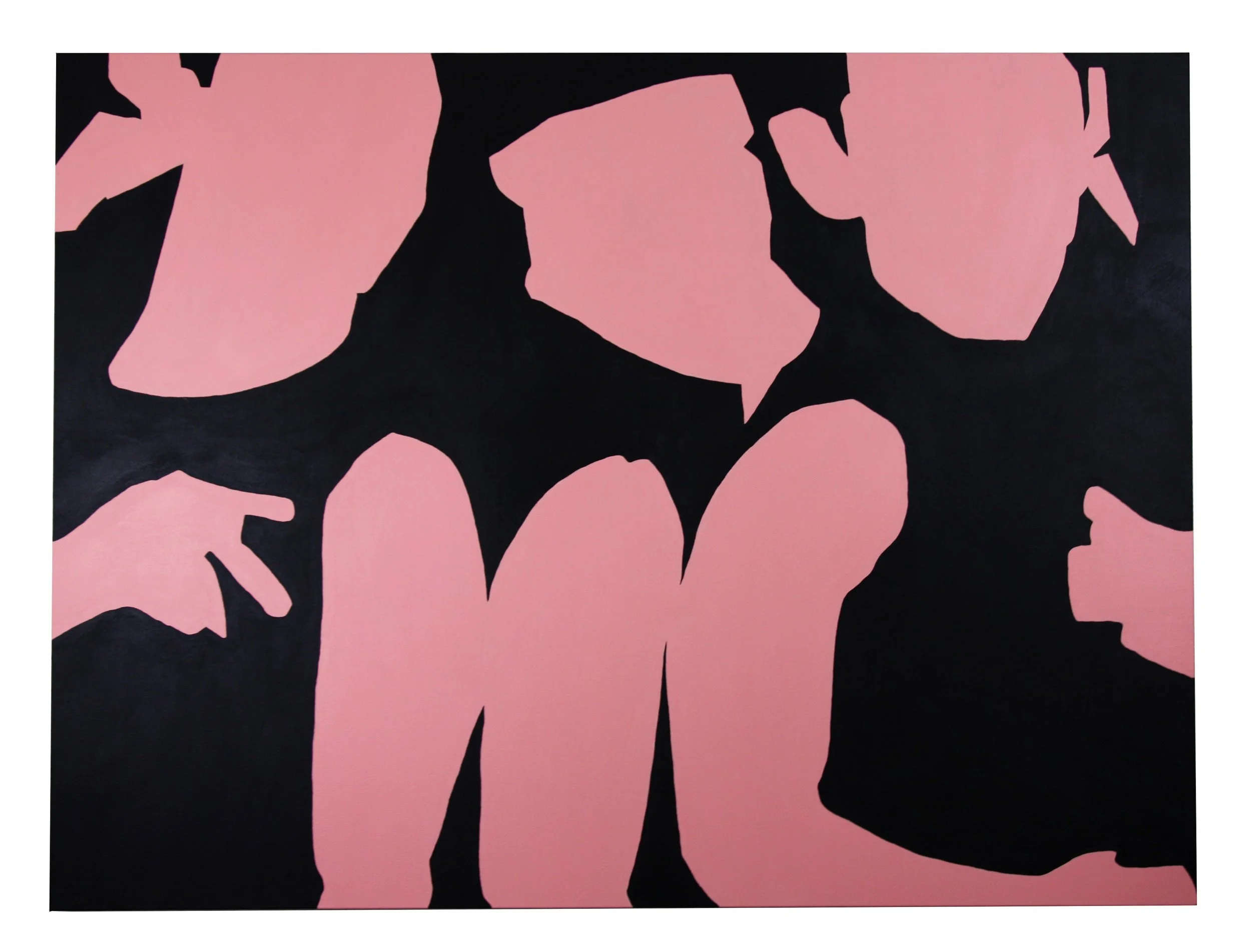 Abstract artwork with black silhouettes of leafy plant shapes and pink background.