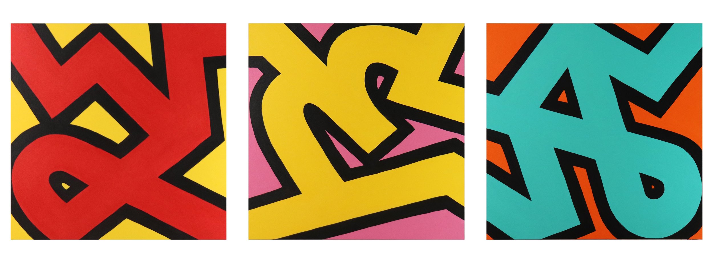 Triptych of colorful graffiti-style art with bold, overlapping letters in red, yellow, and blue with black outlines.