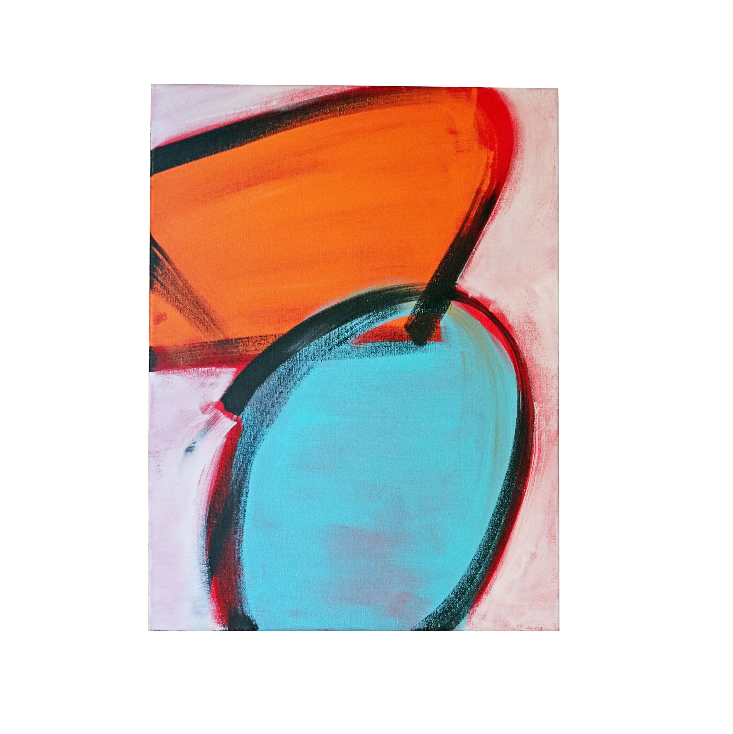 Close-up of an abstract painting with bold red, black, blue, orange, and pink brushstrokes.