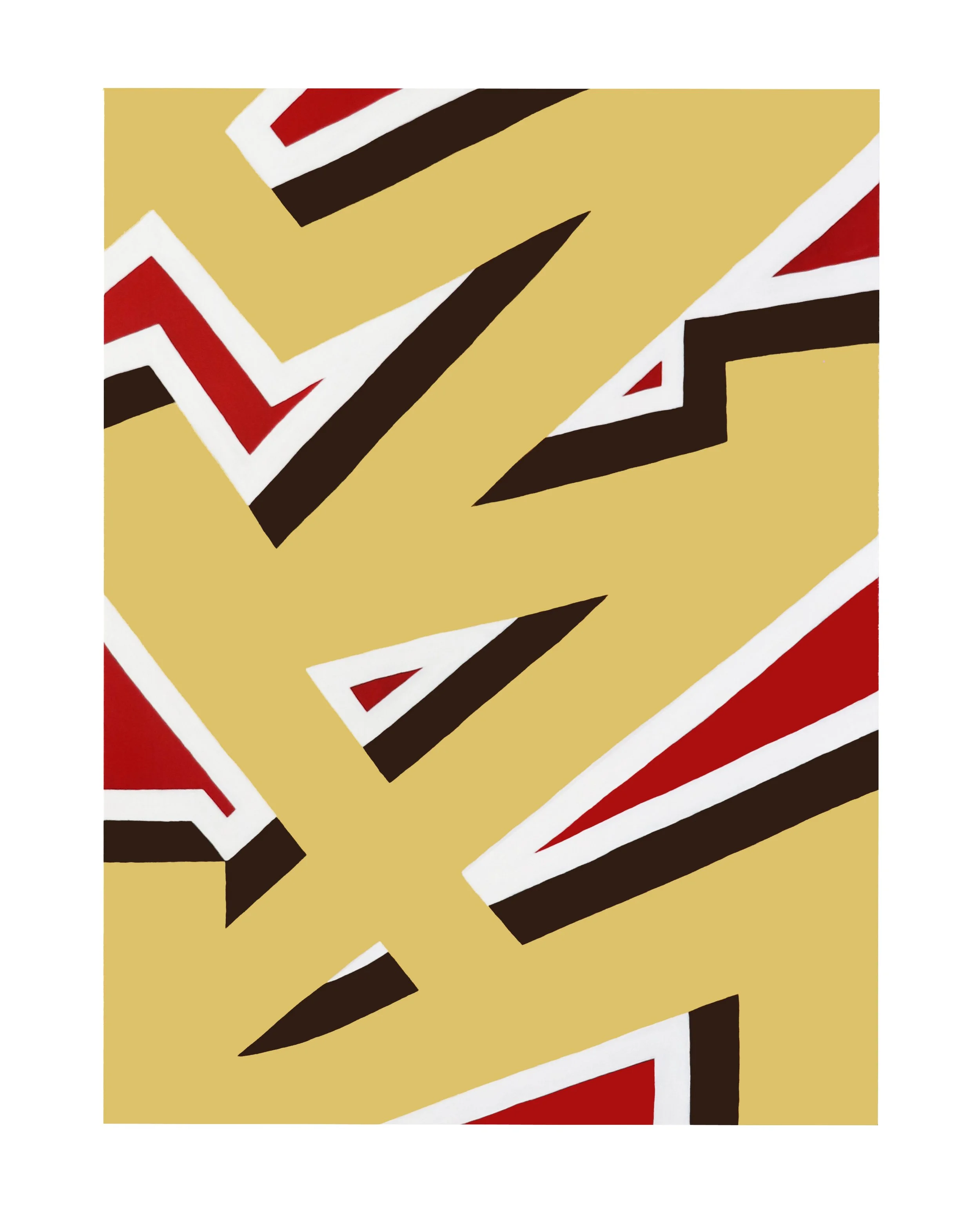 Abstract geometric artwork featuring sharp, angular shapes in red, black, white, and gold colors arranged in a dynamic pattern.
